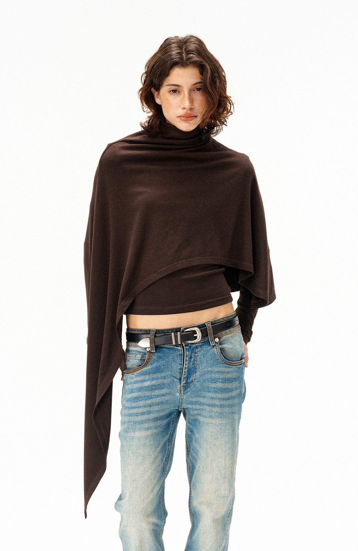 COSTUSTOOT Cape-Style Asymmetric Layered Knit Long-Sleeve Tee