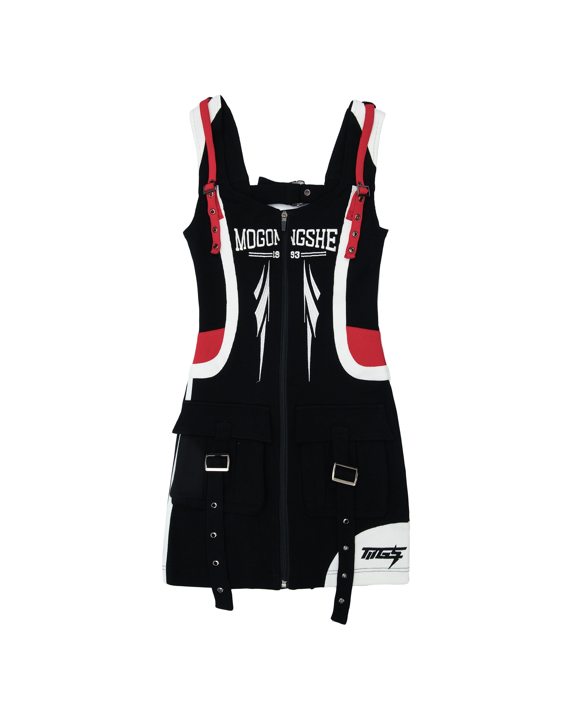 MOGONGSHE Zip-Front Buckle-Strap Racing Mini Dress
