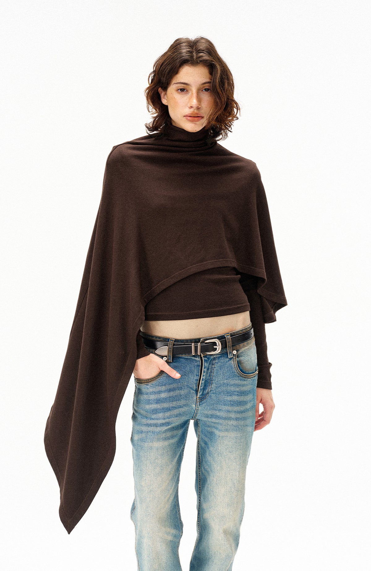 COSTUSTOOT Cape-Style Asymmetric Layered Knit Long-Sleeve Tee
