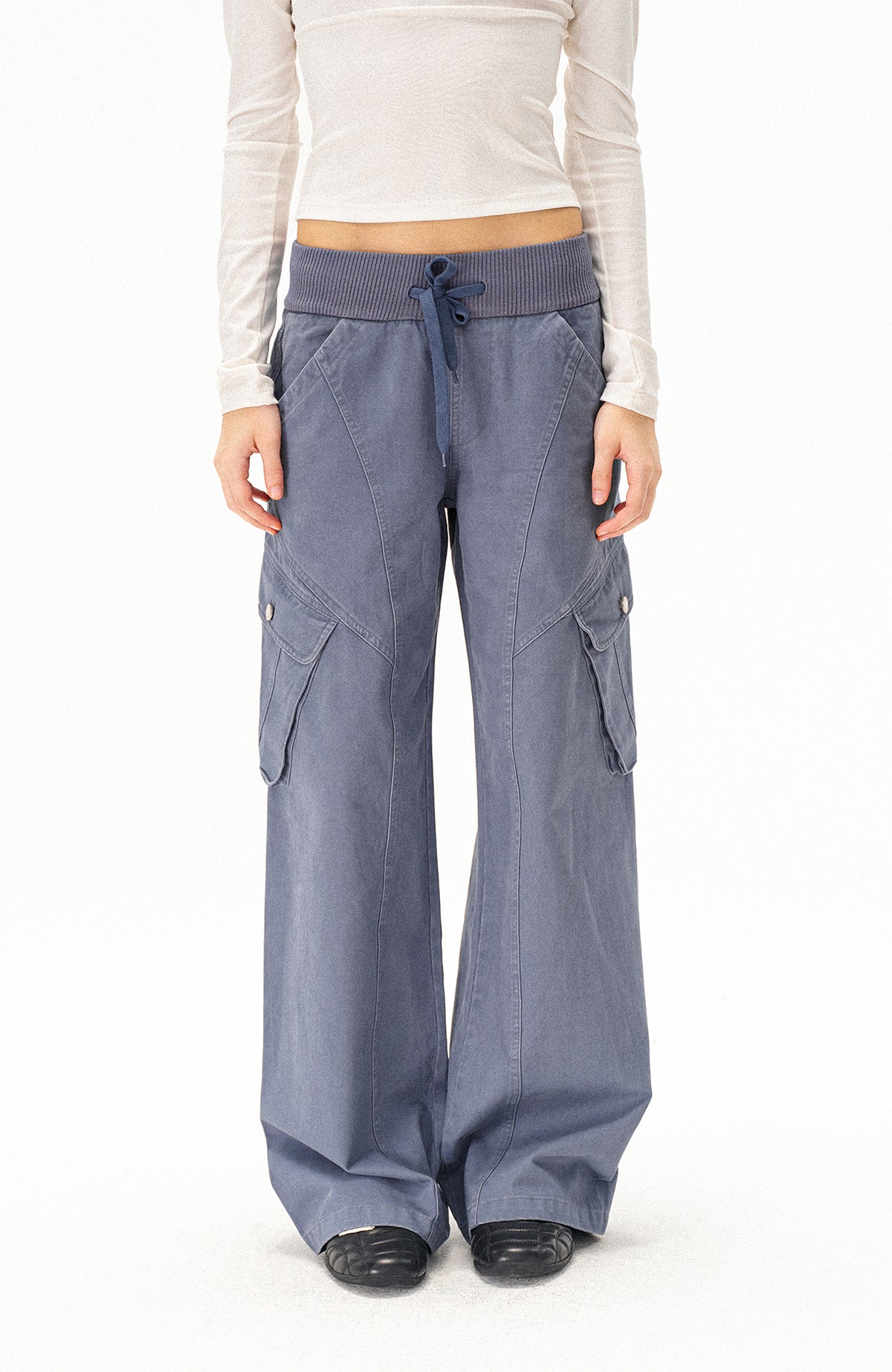 COSTUSTOOT Multi-Pocket Washed Distressed Ribbed Waist Cargo Pants