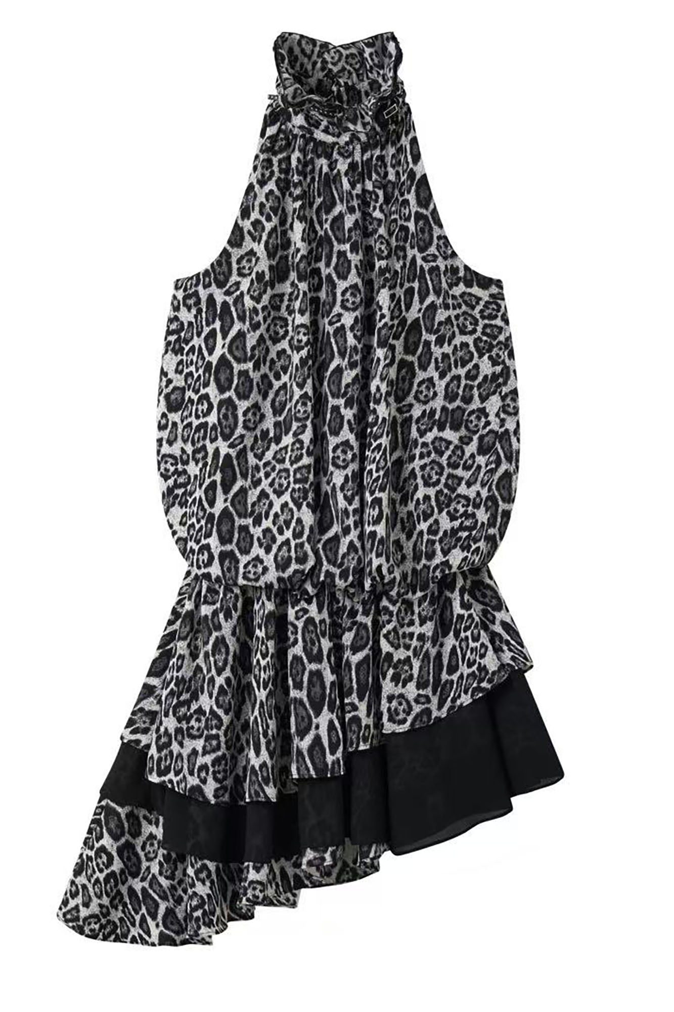 NONAME SPACE Asymmetrical Layered Leopard Ruffle Dress