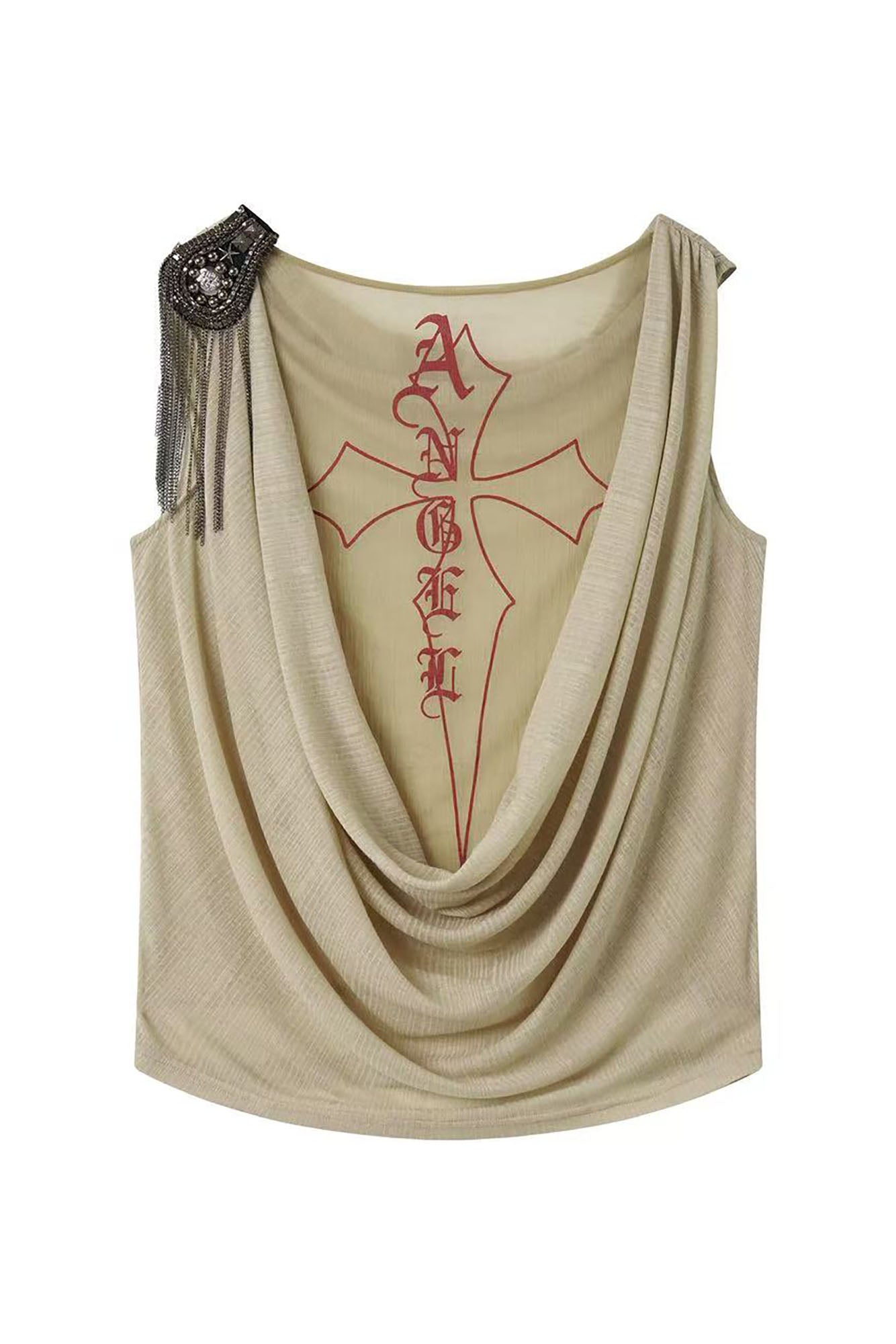 NONAME SPACE Draped Mesh Cross Graphic Top