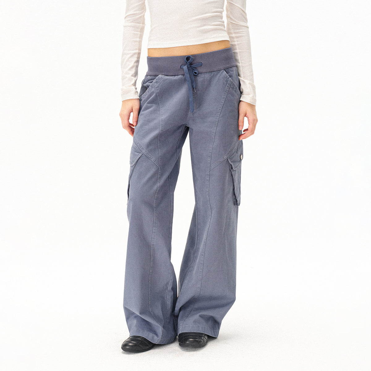 COSTUSTOOT Multi-Pocket Washed Distressed Ribbed Waist Cargo Pants