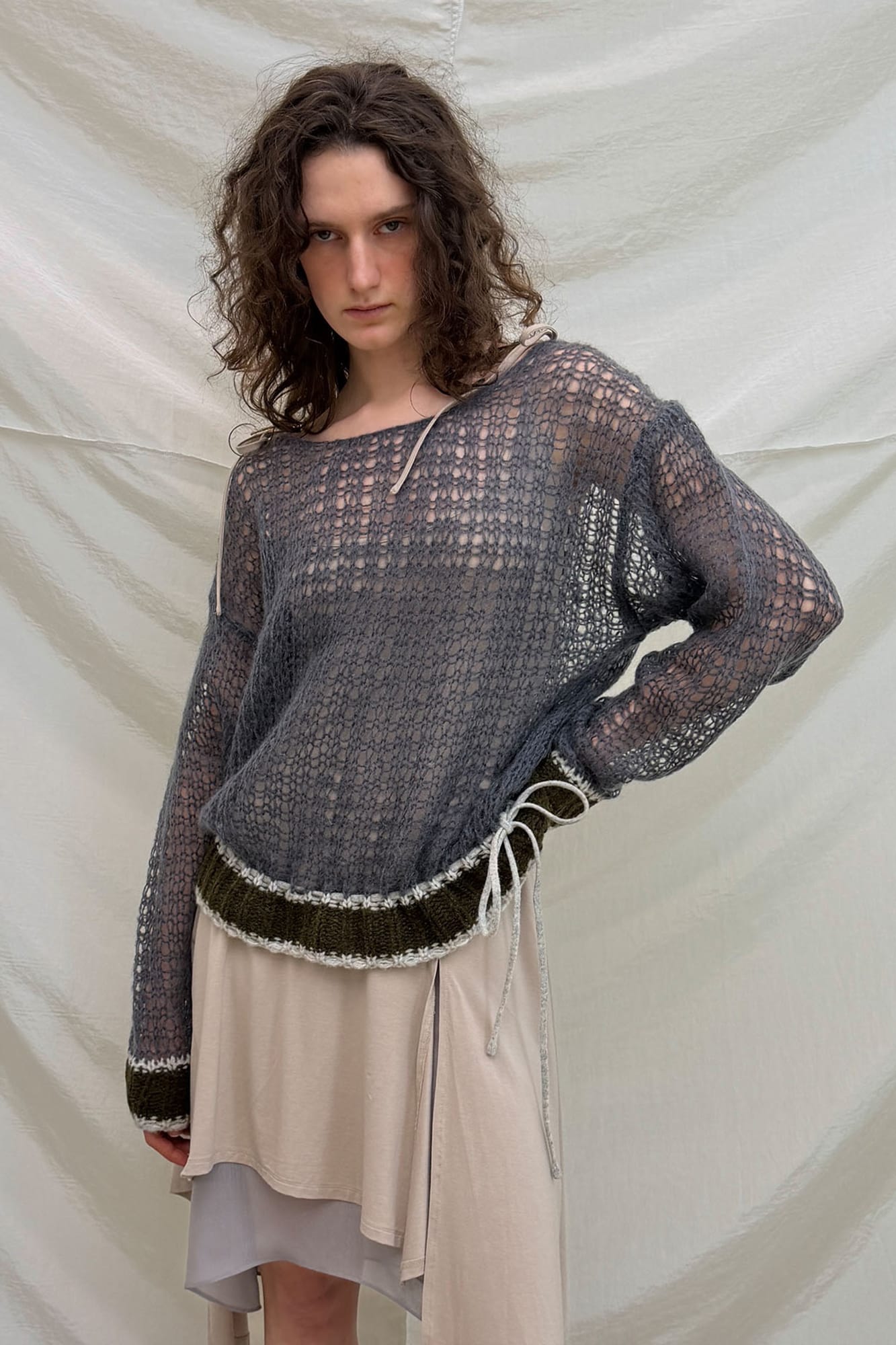 NEVERSEEZ Open-Knit Drawstring-Hem Rib-Trim Sweater