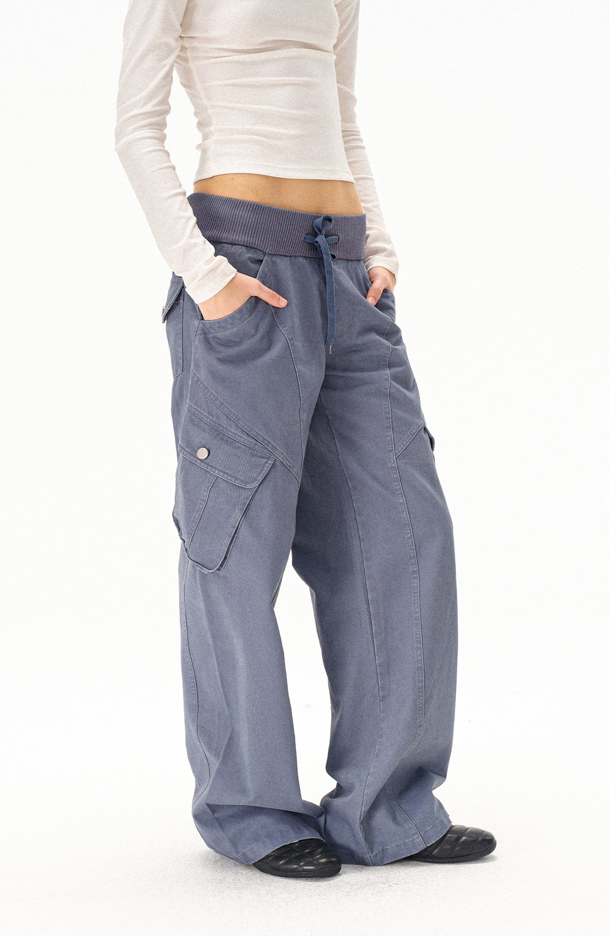 COSTUSTOOT Multi-Pocket Washed Distressed Ribbed Waist Cargo Pants