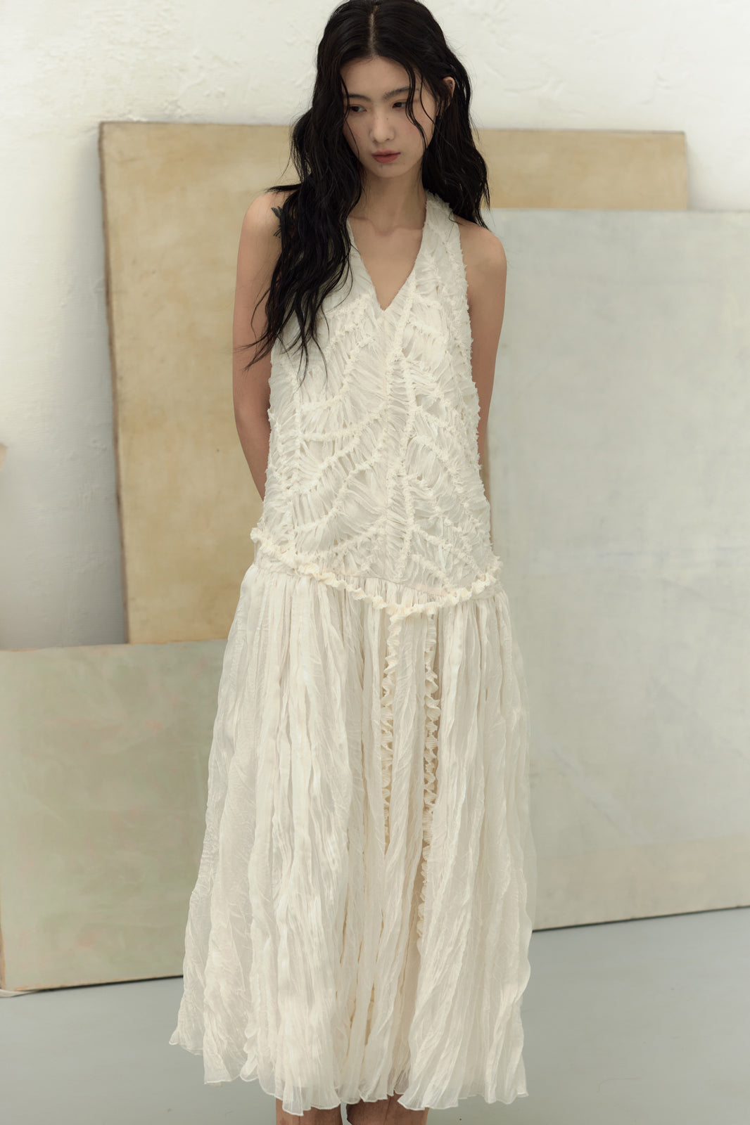 CHANGGUANG YUANZI Lace Spliced Crinkled Mesh Halter Dress