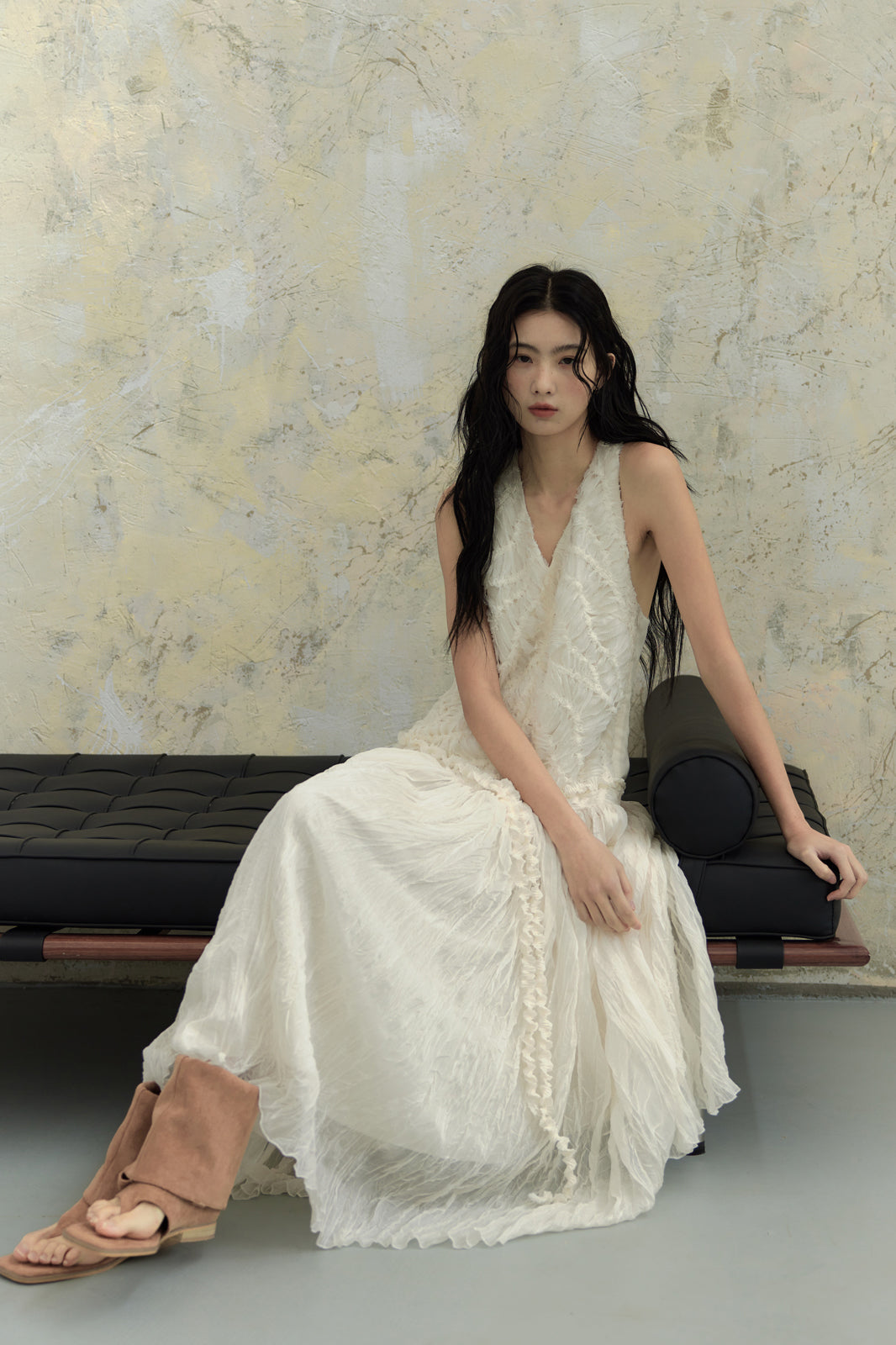 CHANGGUANG YUANZI Lace Spliced Crinkled Mesh Halter Dress