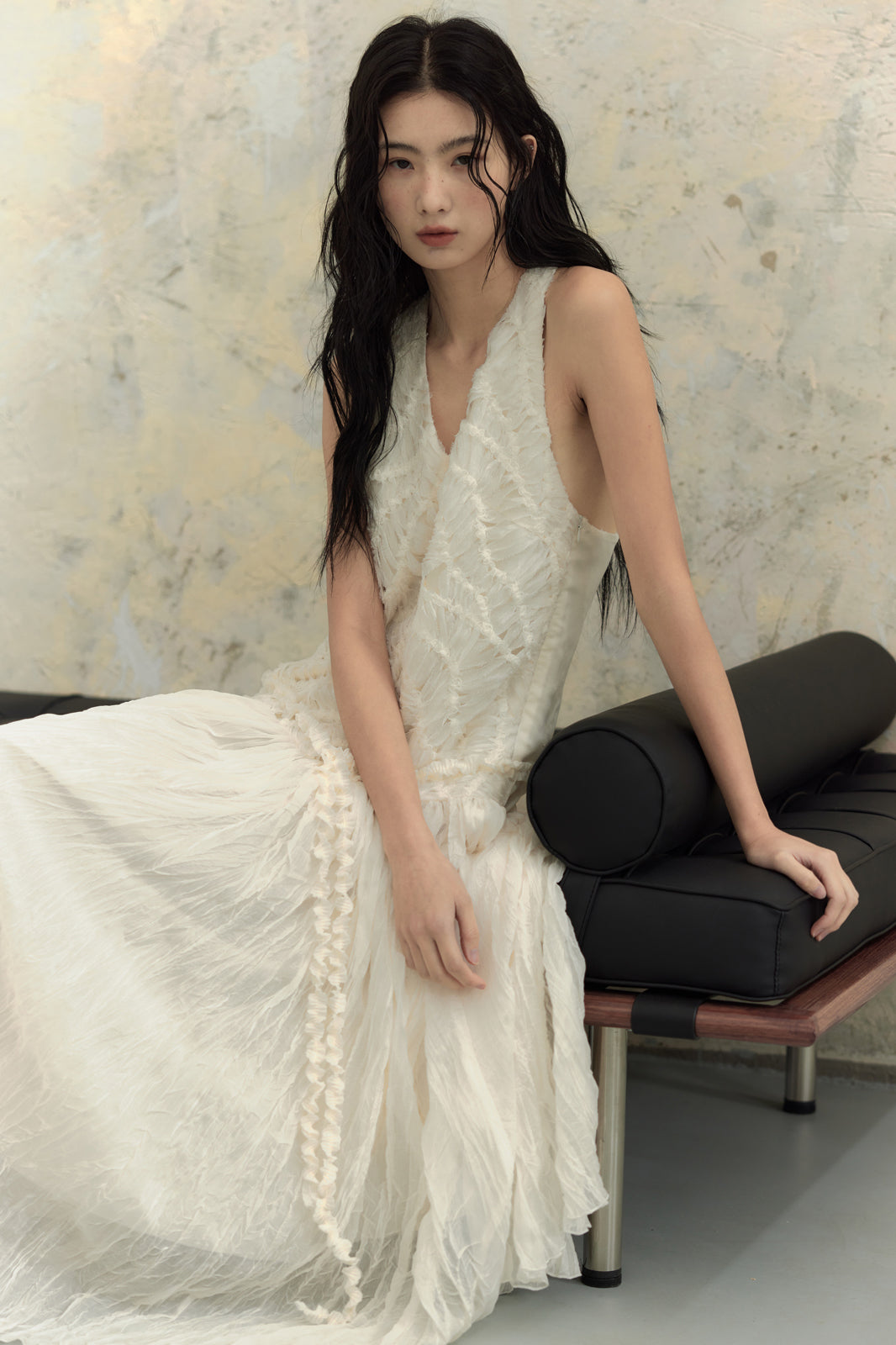 CHANGGUANG YUANZI Lace Spliced Crinkled Mesh Halter Dress