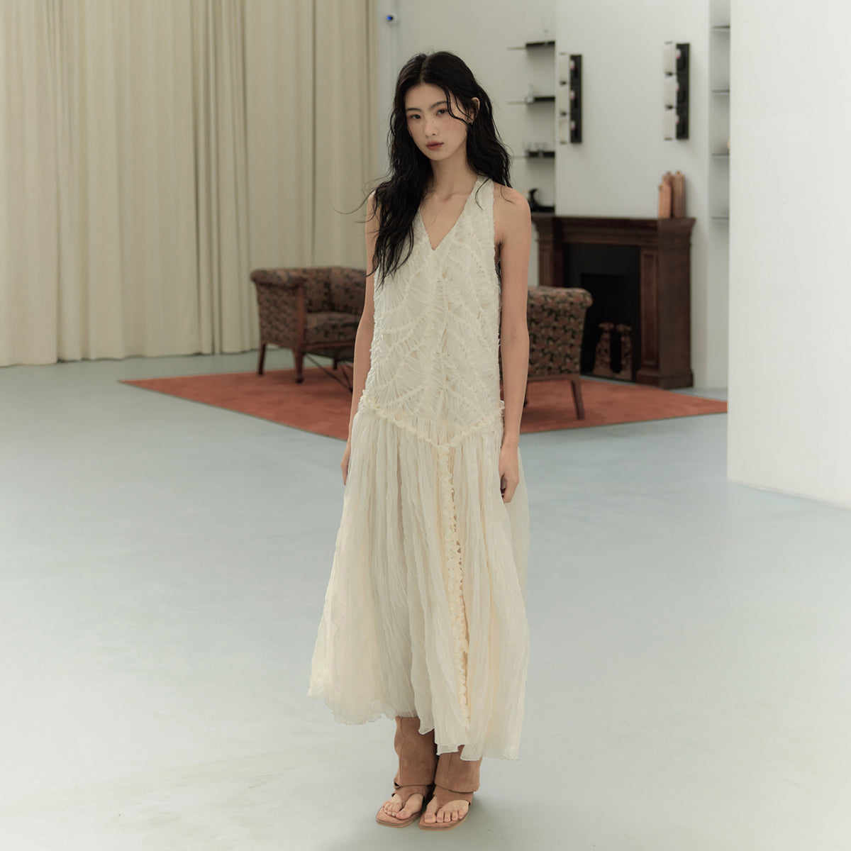 CHANGGUANG YUANZI Lace Spliced Crinkled Mesh Halter Dress