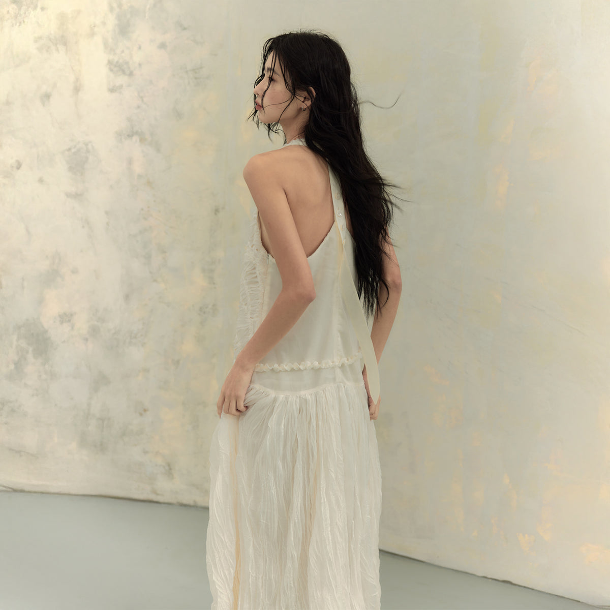 CHANGGUANG YUANZI Lace Spliced Crinkled Mesh Halter Dress