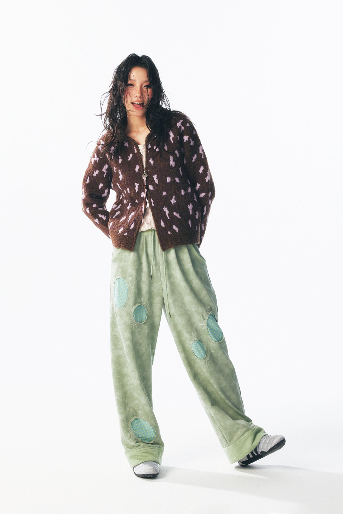 1997 POSTOFFICE Fuzzy Strawberry-Leopard Dual-Zip Knit Jacket