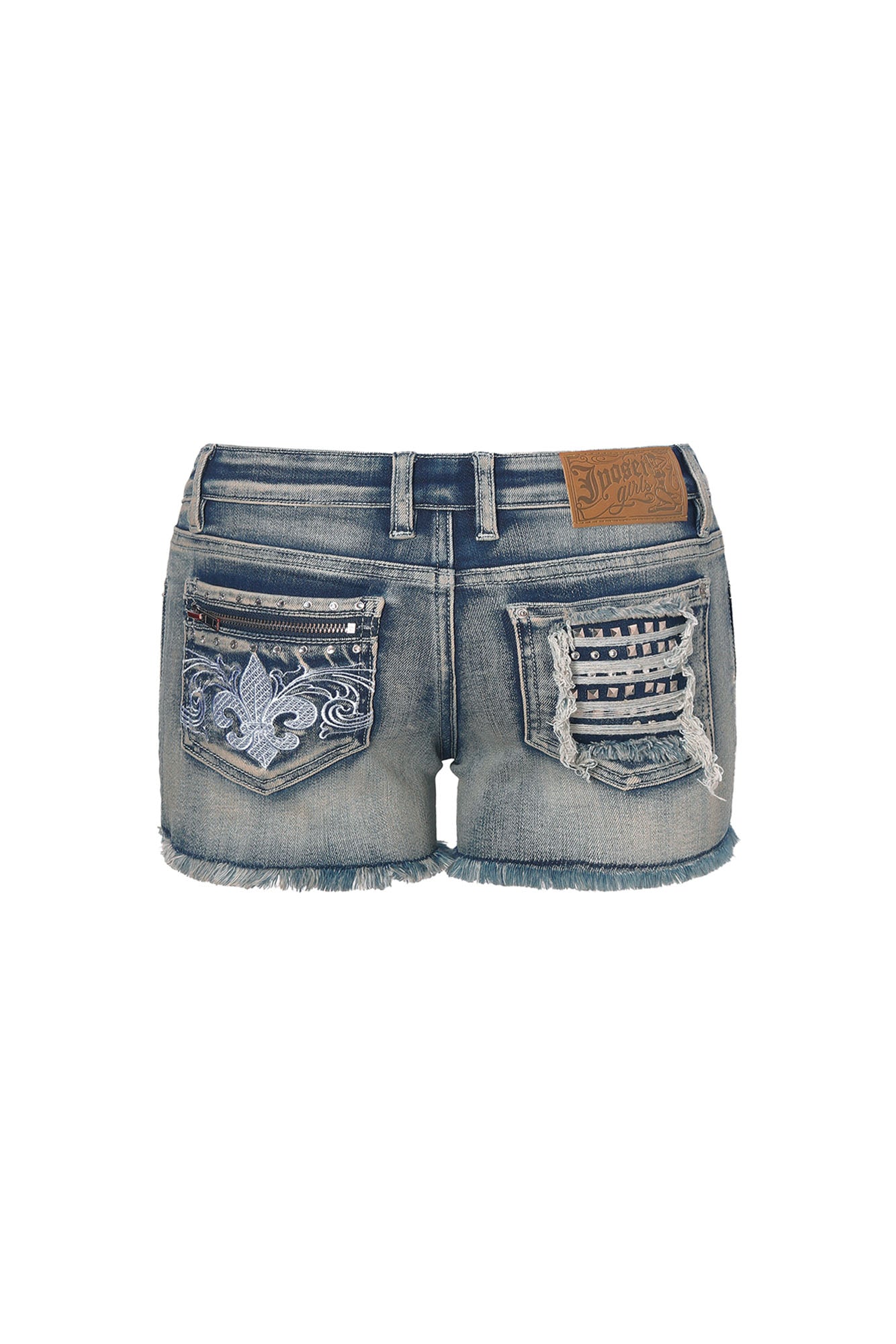 JYOSEI Washed Frayed Rivet Embroidered Denim Shorts