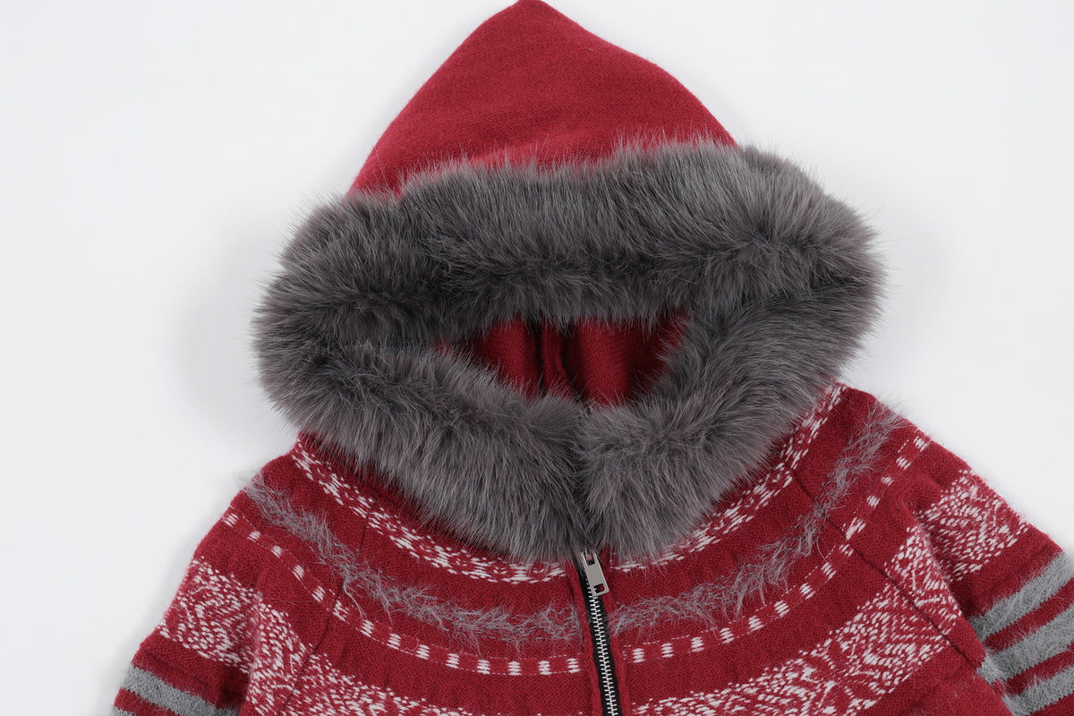 FREE CENTER Retro Fair Isle Detachable Collar Hooded Cardigan