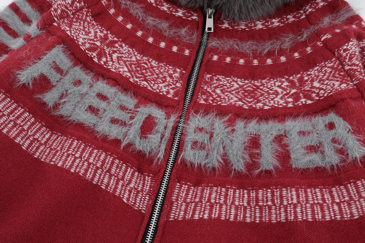 FREE CENTER Retro Fair Isle Detachable Collar Hooded Cardigan