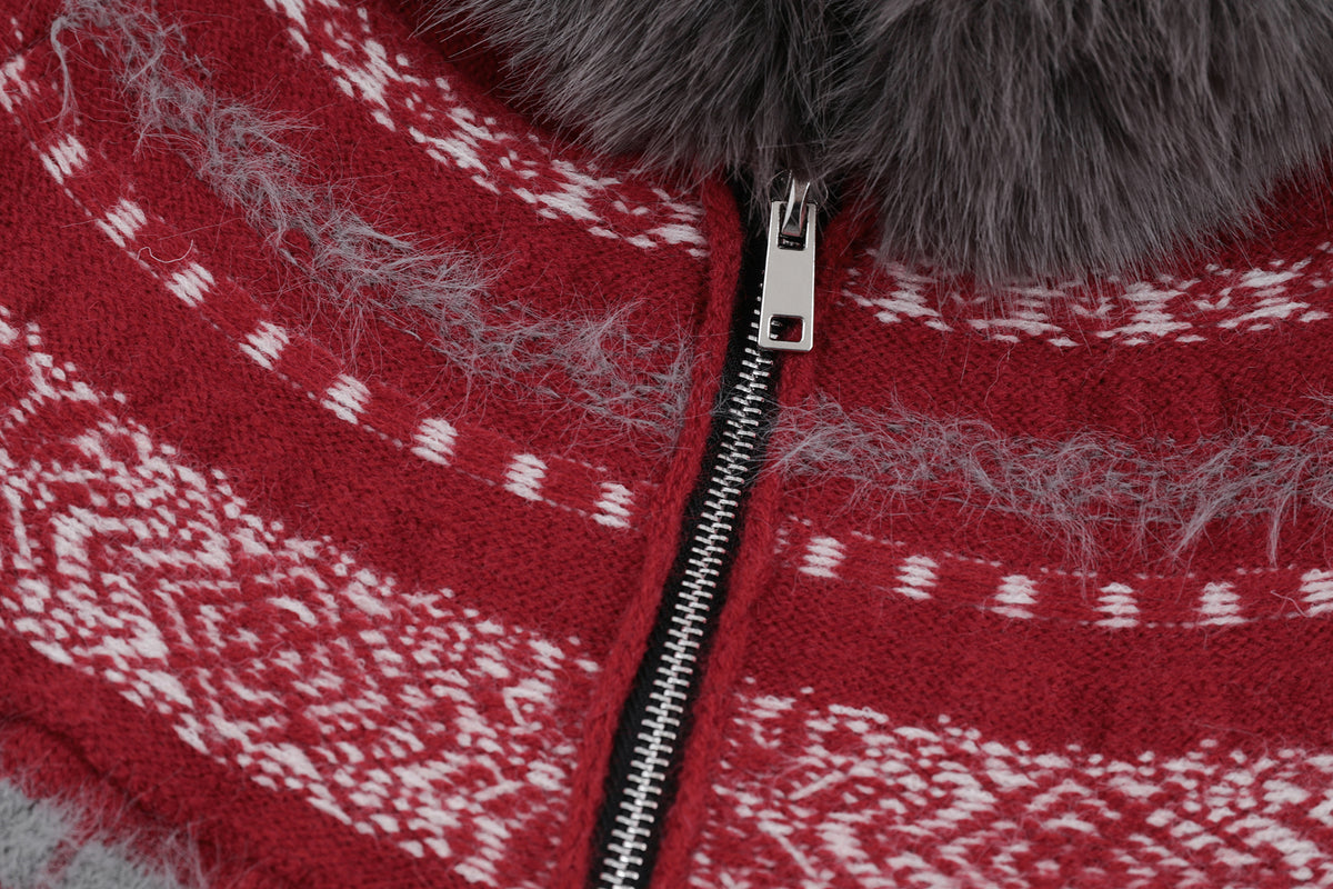 FREE CENTER Retro Fair Isle Detachable Collar Hooded Cardigan