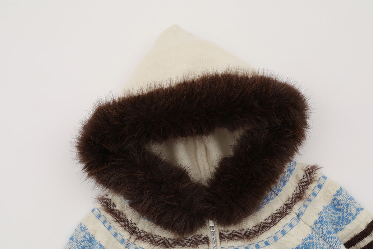 FREE CENTER Retro Fair Isle Detachable Collar Hooded Cardigan