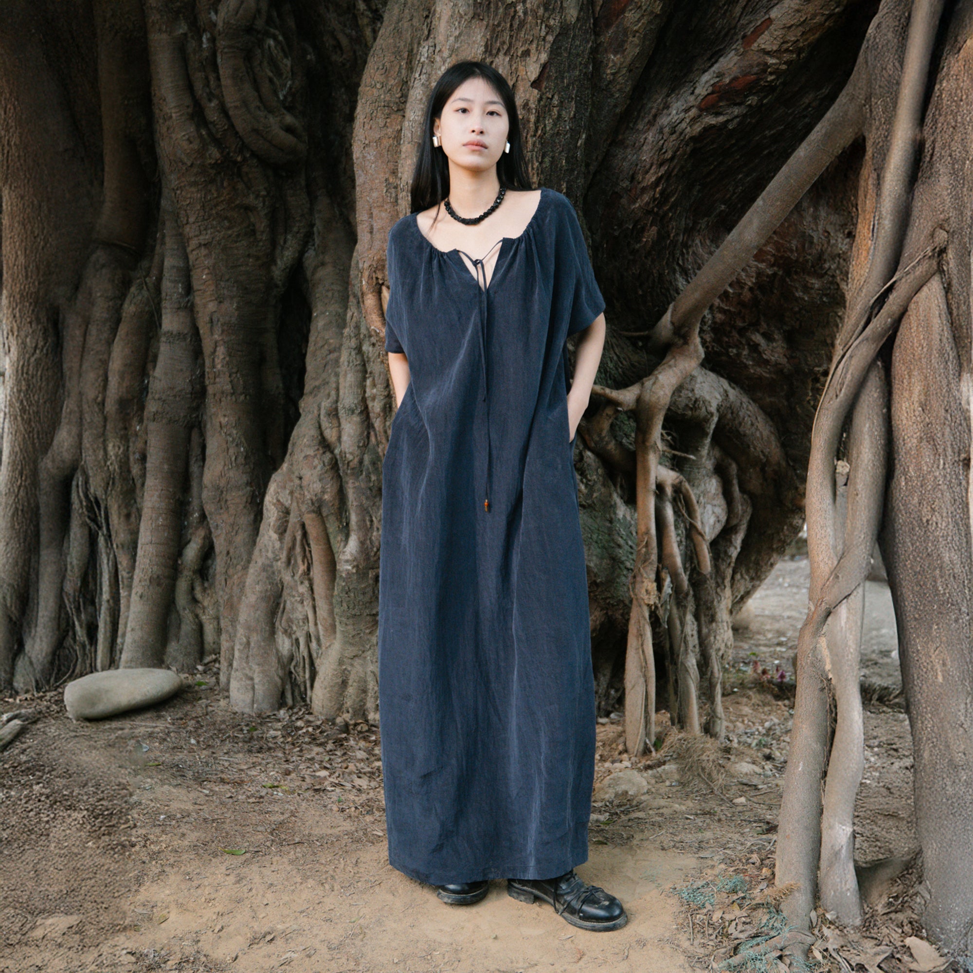 CAIRA Washed Drawstring Neck Maxi Dress