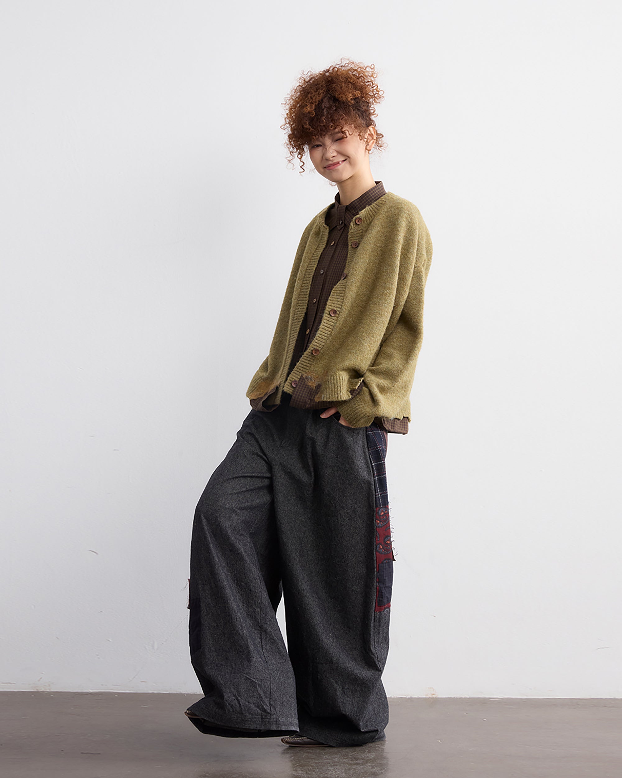 NOESE Faux Layer Checked Felt Patchwork Cardigan