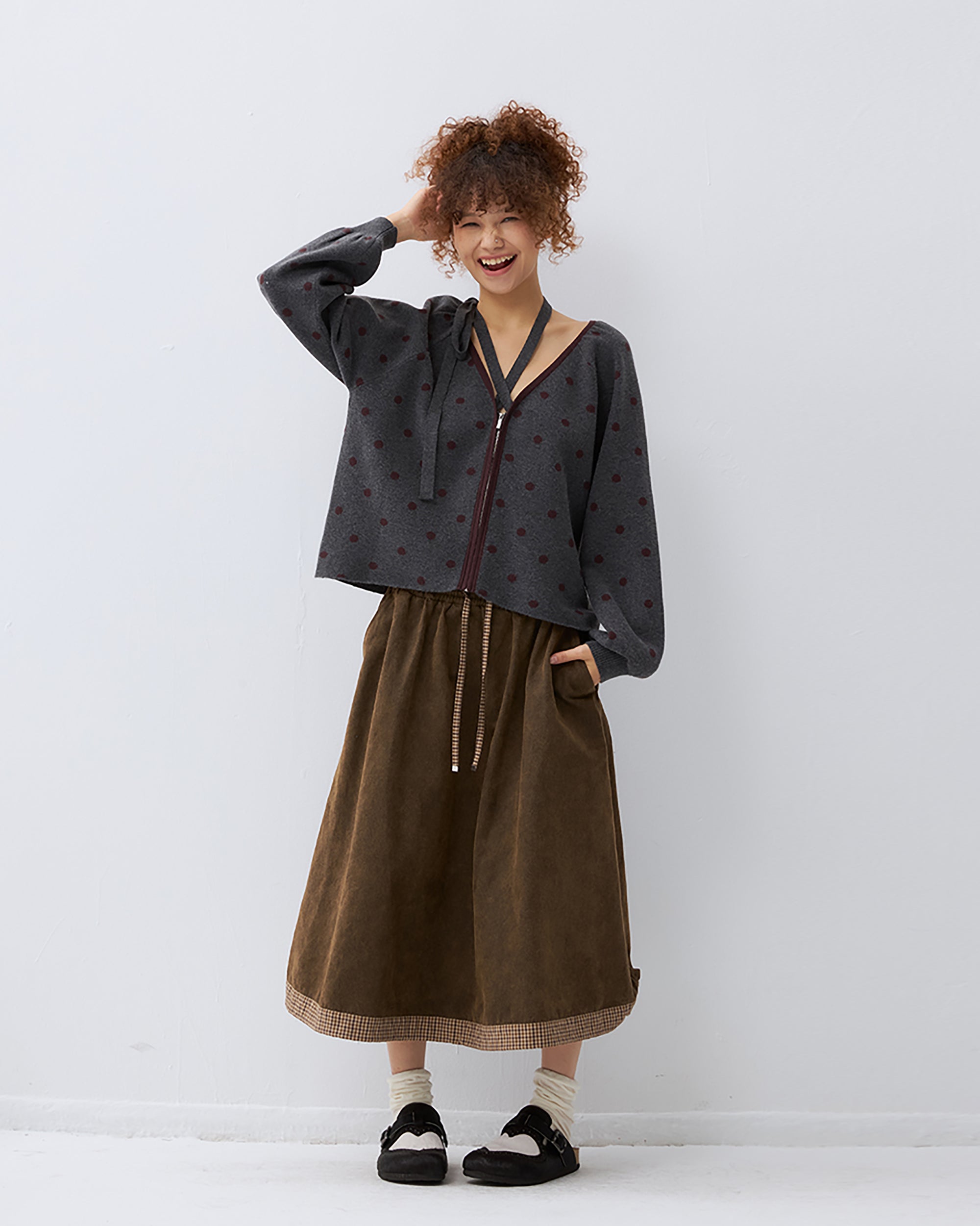 NOESE Contrast Dot Tie-Neck Zip-Up Cardigan