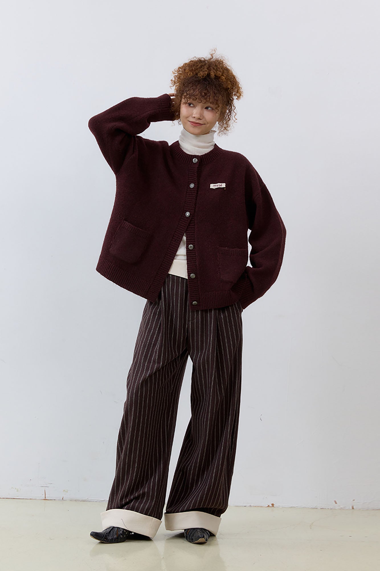 NOESE Foldover Waist Pinstripe Wool-Blend Wide-Leg Trousers