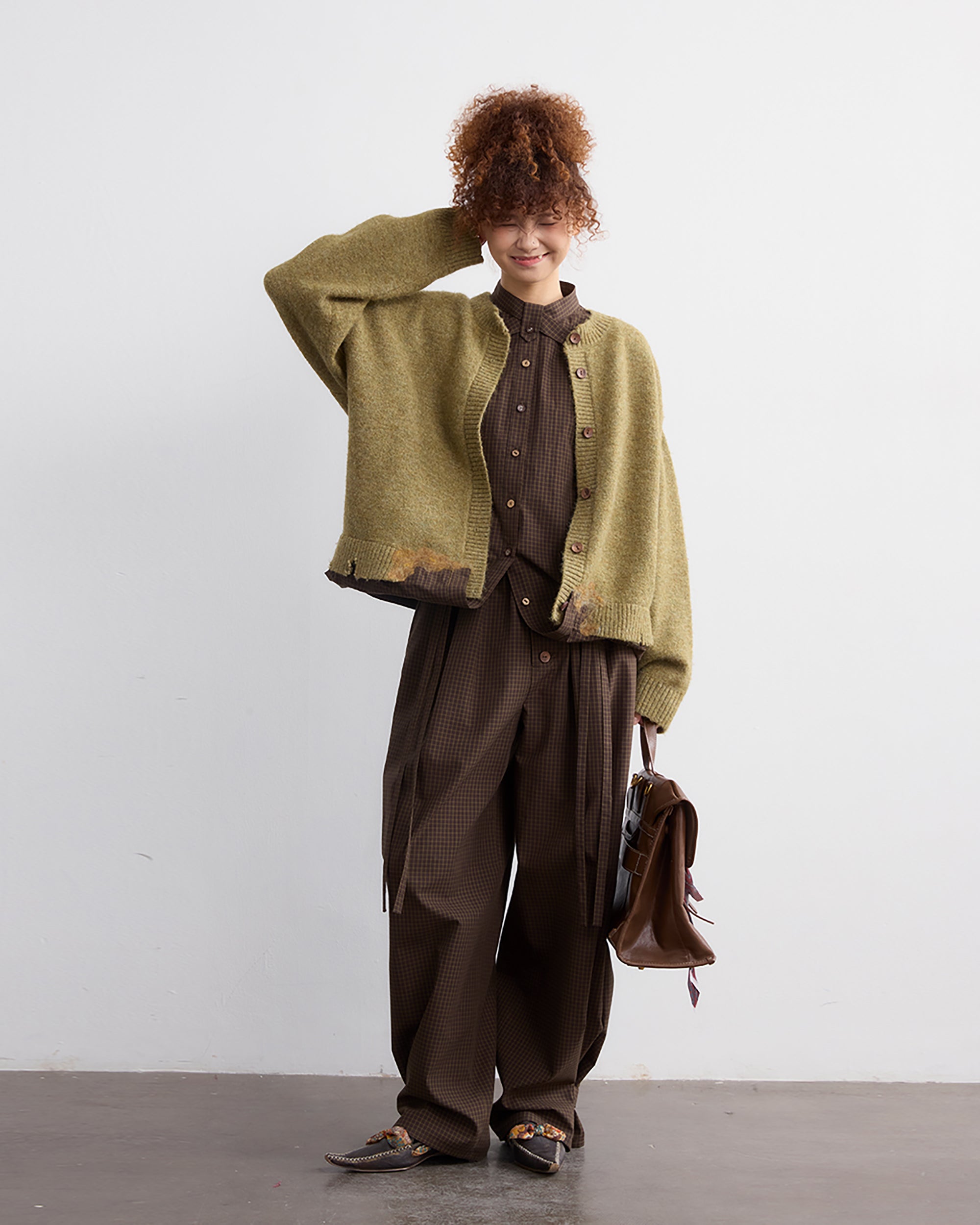 NOESE Faux Layer Checked Felt Patchwork Cardigan