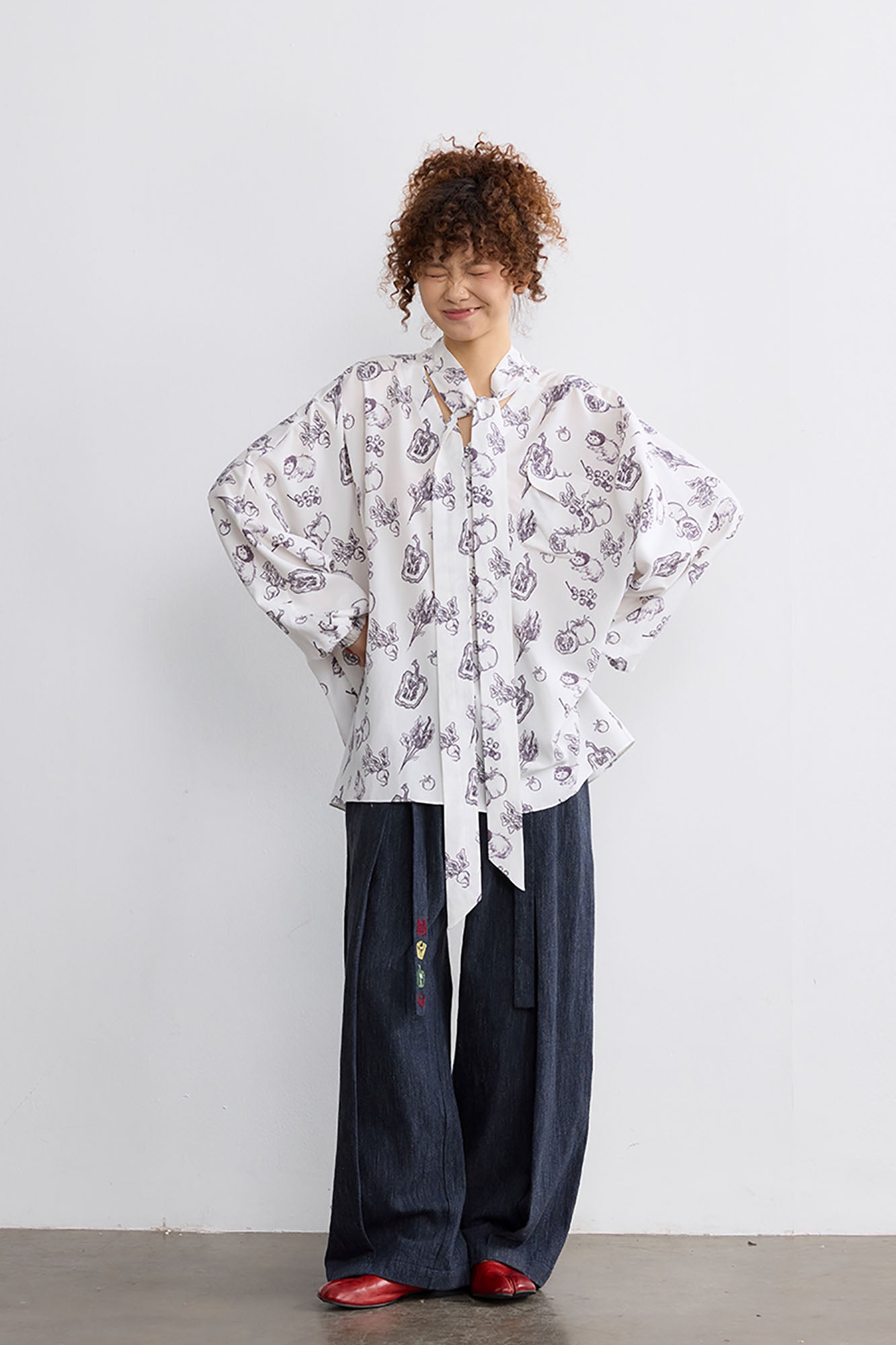 NOESE Botanical Full-Print Tie-Neck Blouse