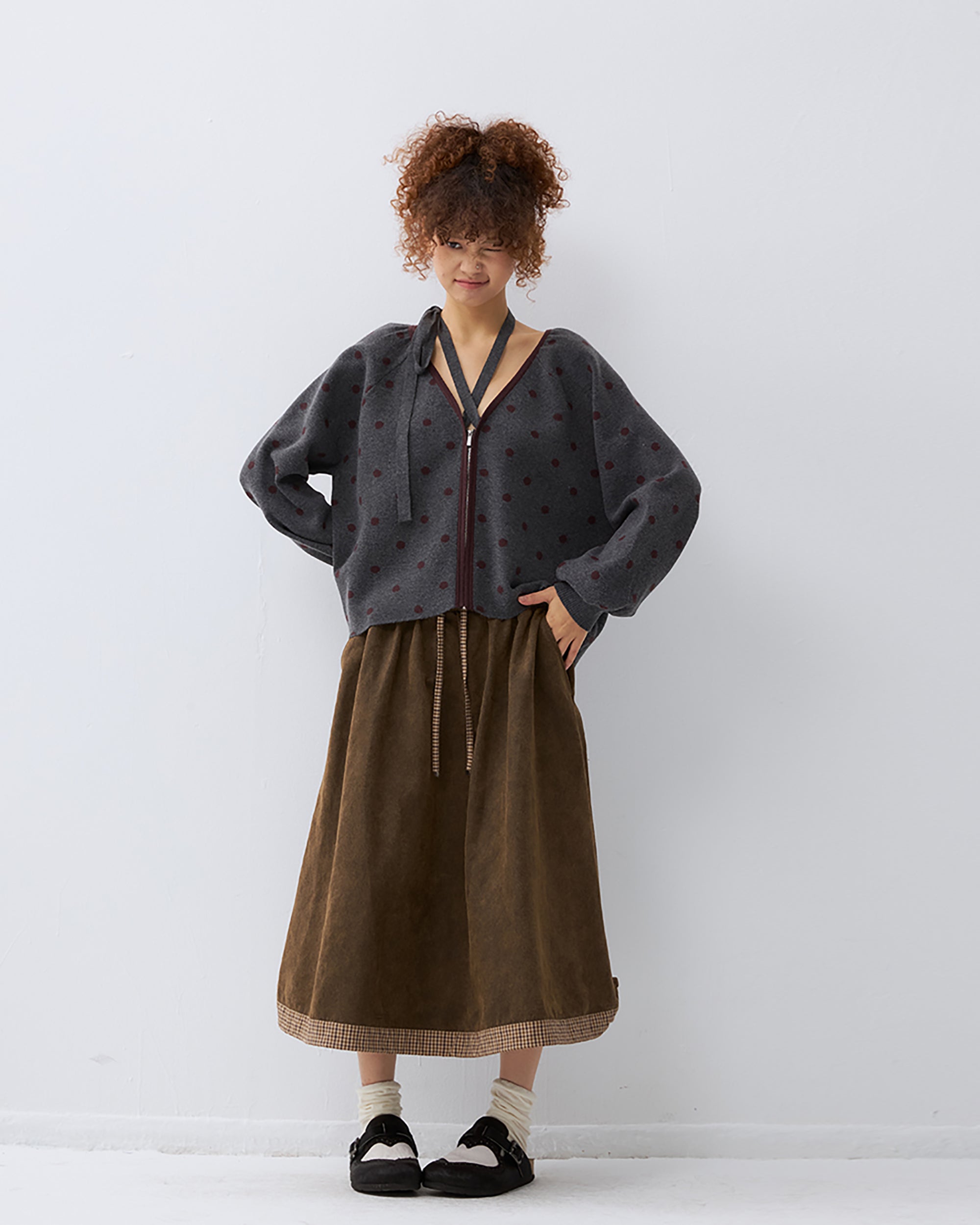 NOESE Contrast Dot Tie-Neck Zip-Up Cardigan