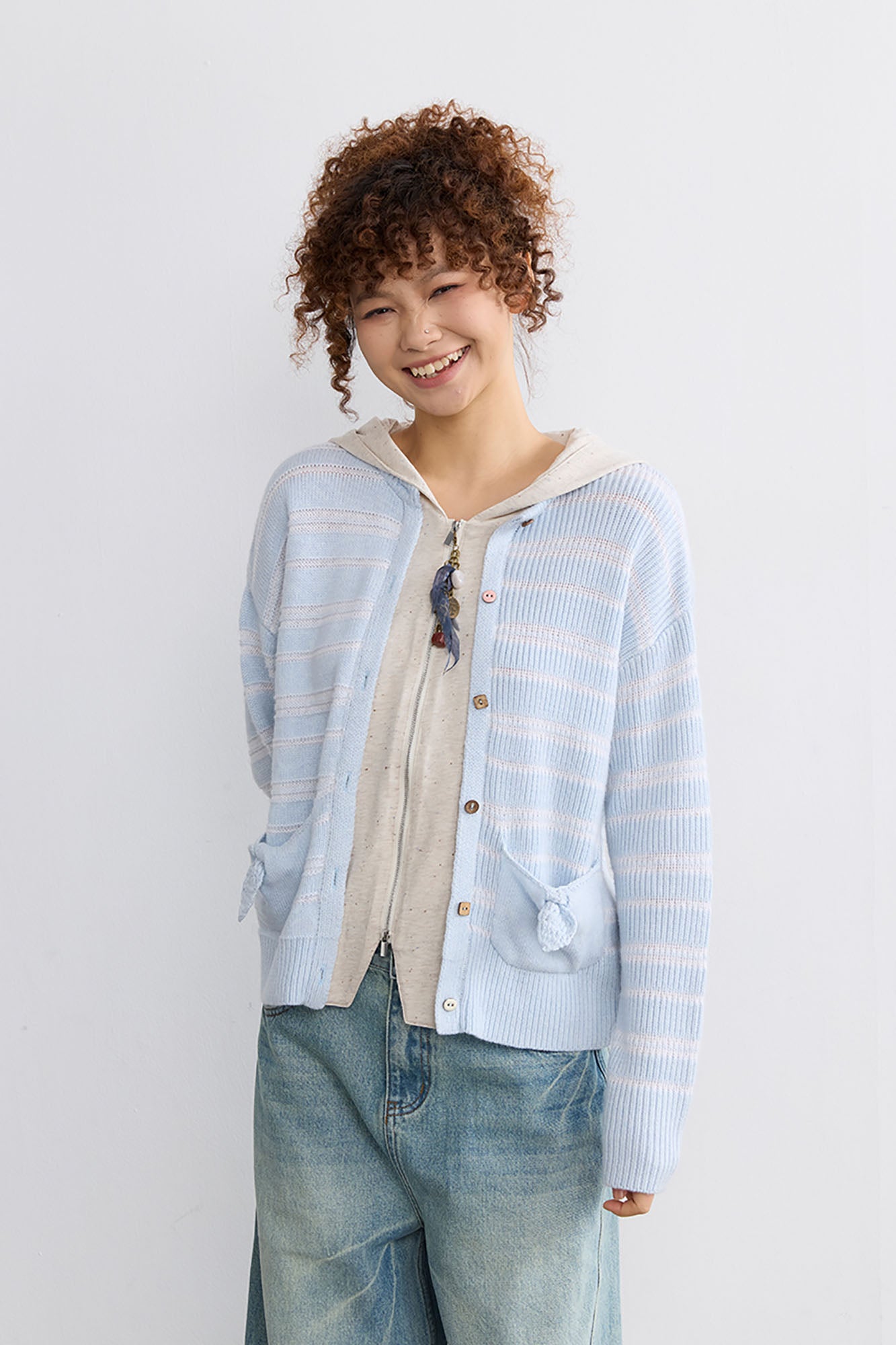 NOESE Faux Layered Hooded Cardigan