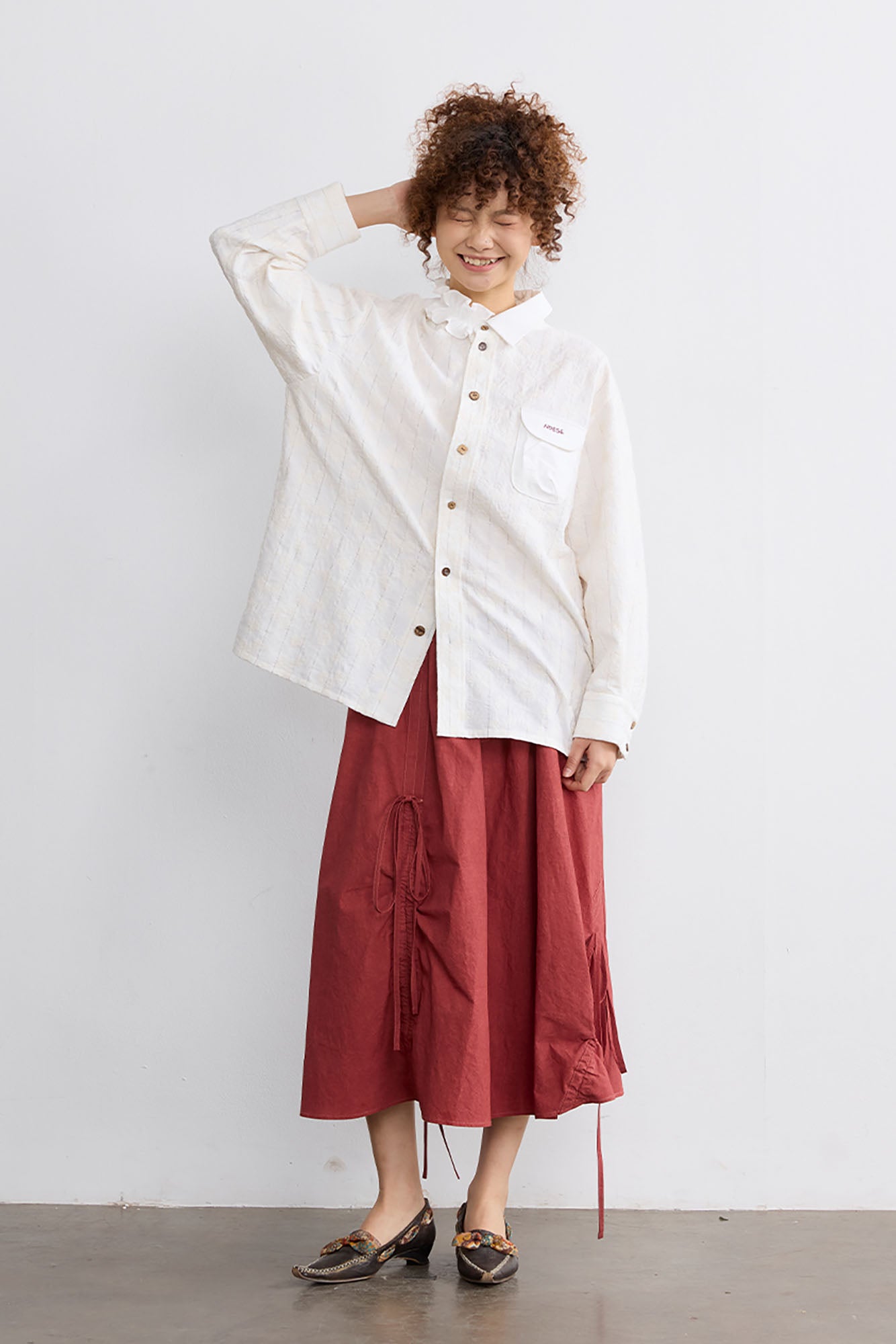 NOESE Asymmetrical Ruffle Collar Embroidered Shirt