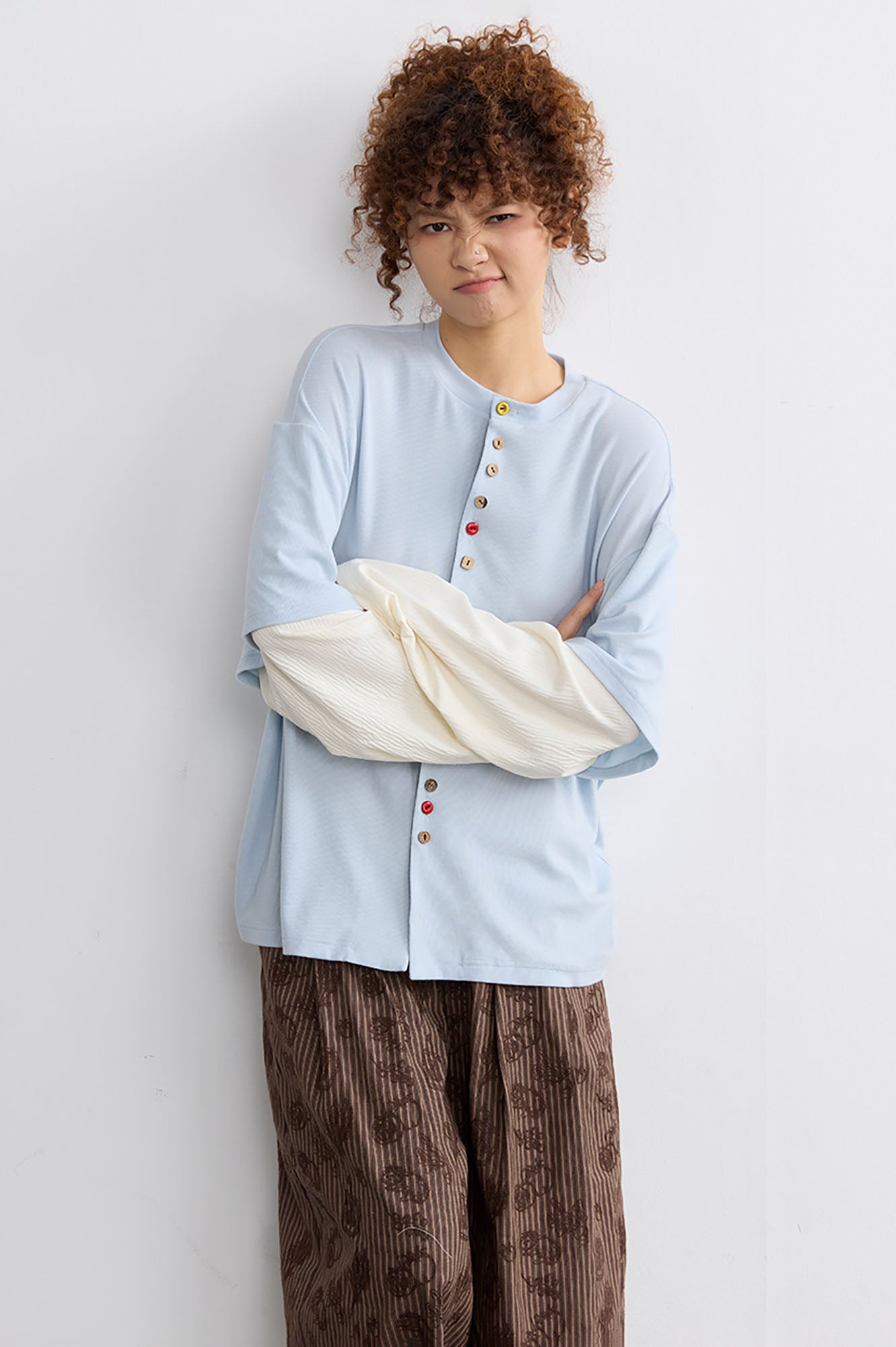 NOESE Layered Mixed-Button Long-Sleeve Tee