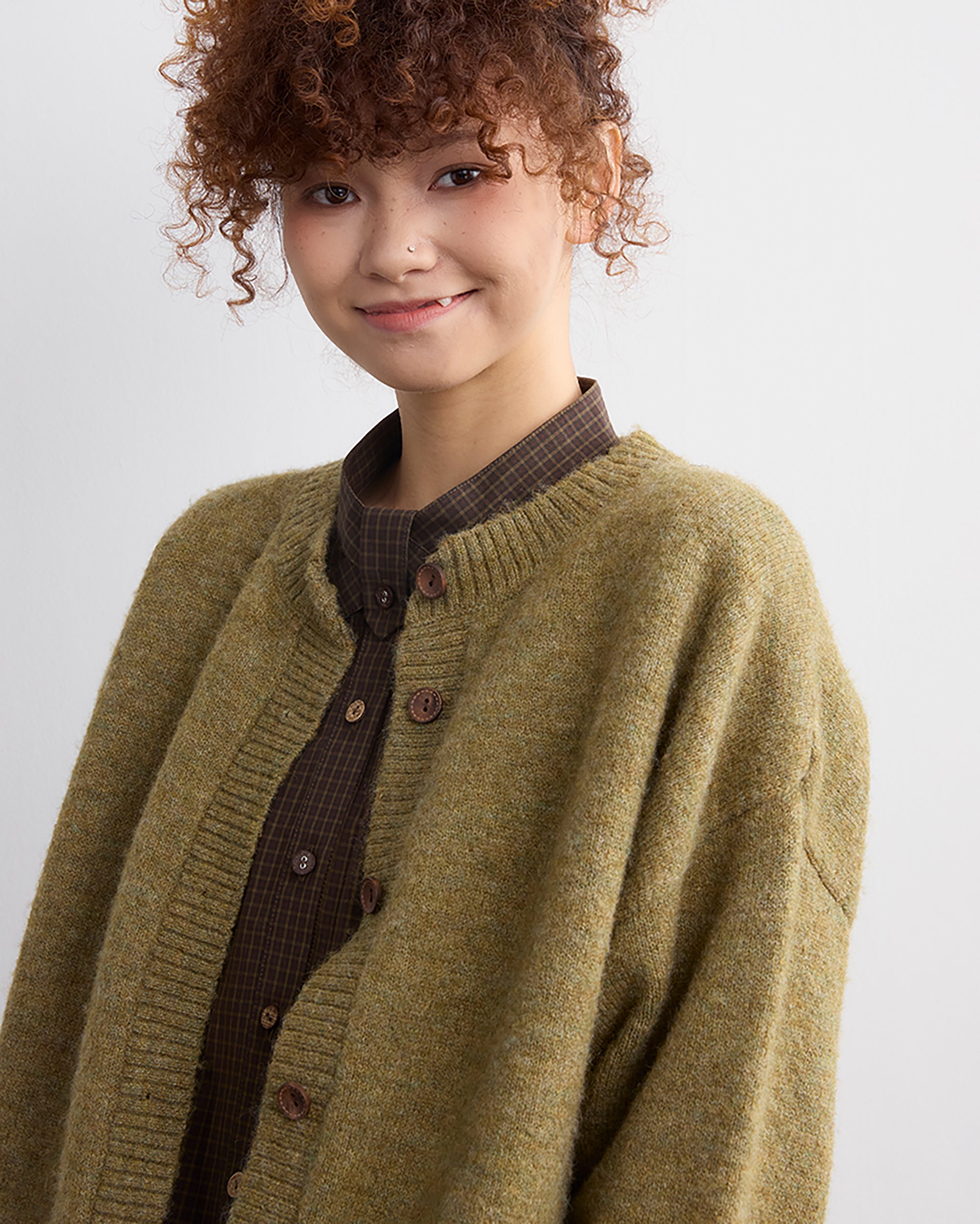 NOESE Faux Layer Checked Felt Patchwork Cardigan