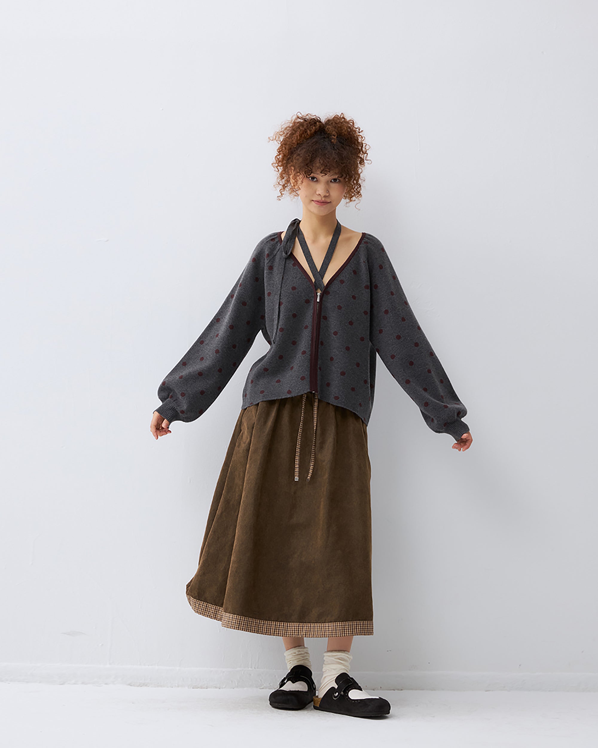 NOESE Contrast Dot Tie-Neck Zip-Up Cardigan