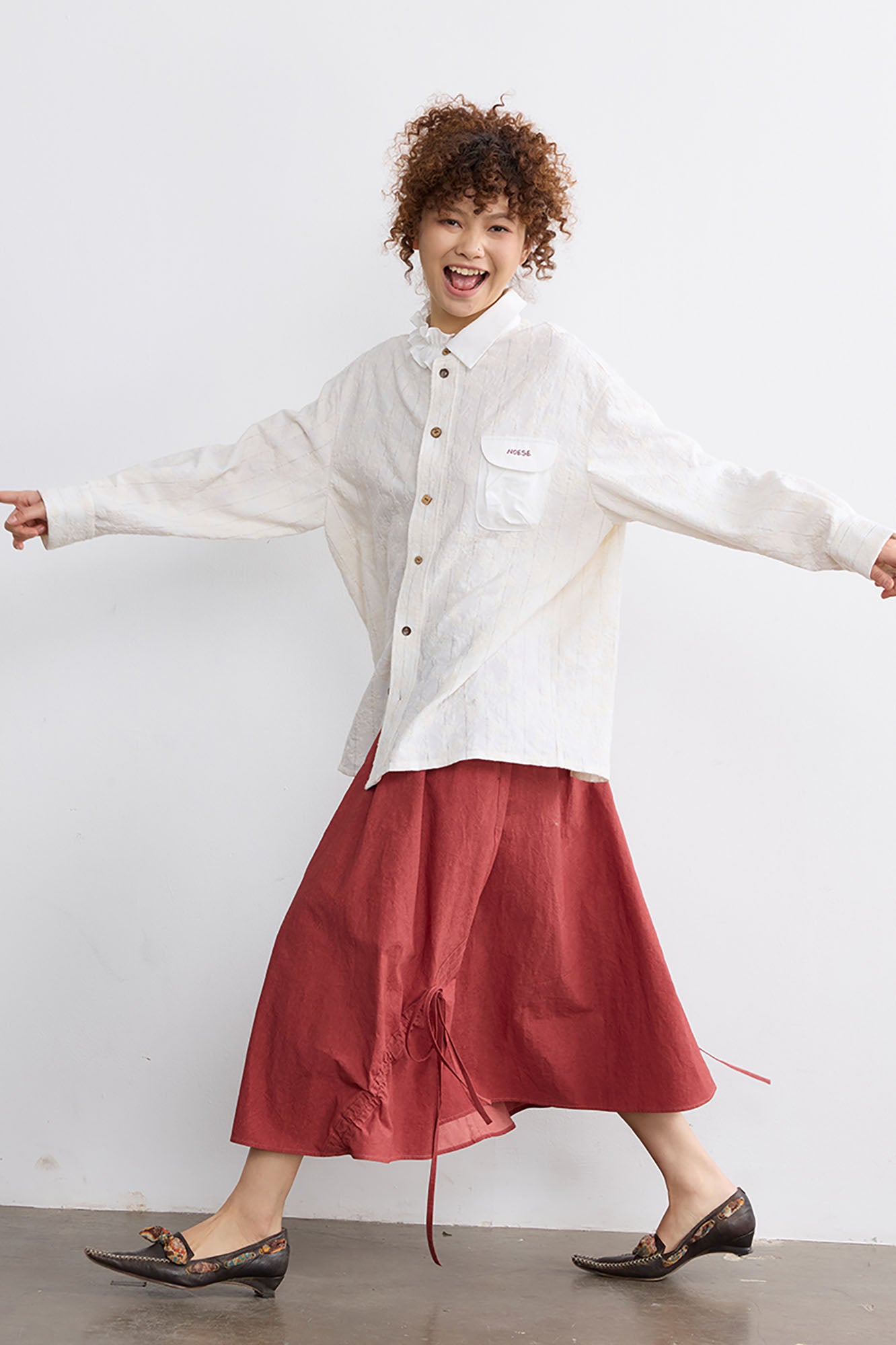 NOESE Asymmetrical Ruffle Collar Embroidered Shirt
