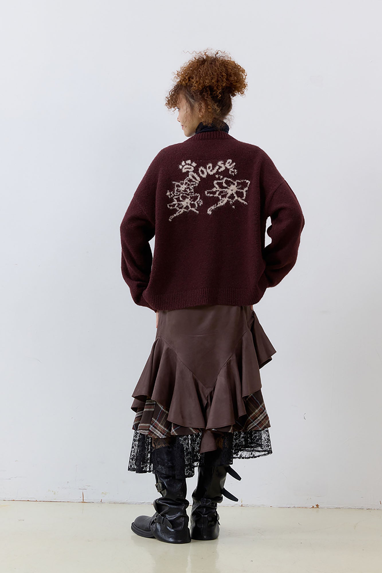 NOESE Asymmetrical Spliced Plaid-Lace Layered Ruffle Skirt