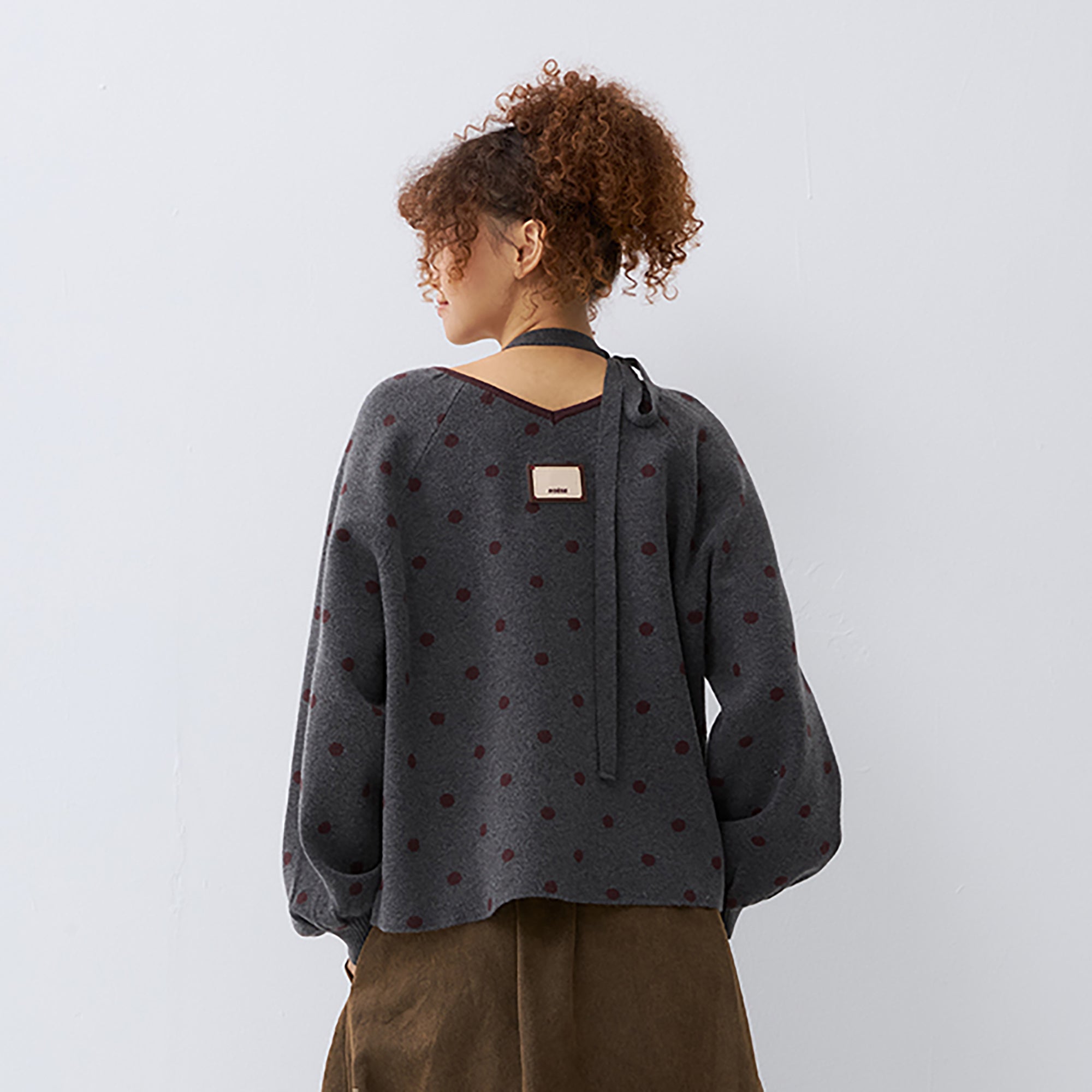 NOESE Contrast Dot Tie-Neck Zip-Up Cardigan