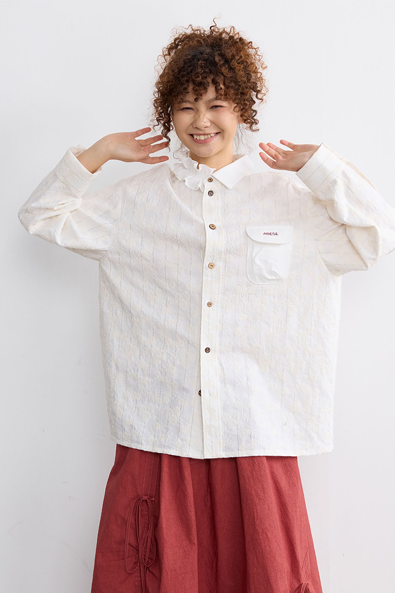 NOESE Asymmetrical Ruffle Collar Embroidered Shirt