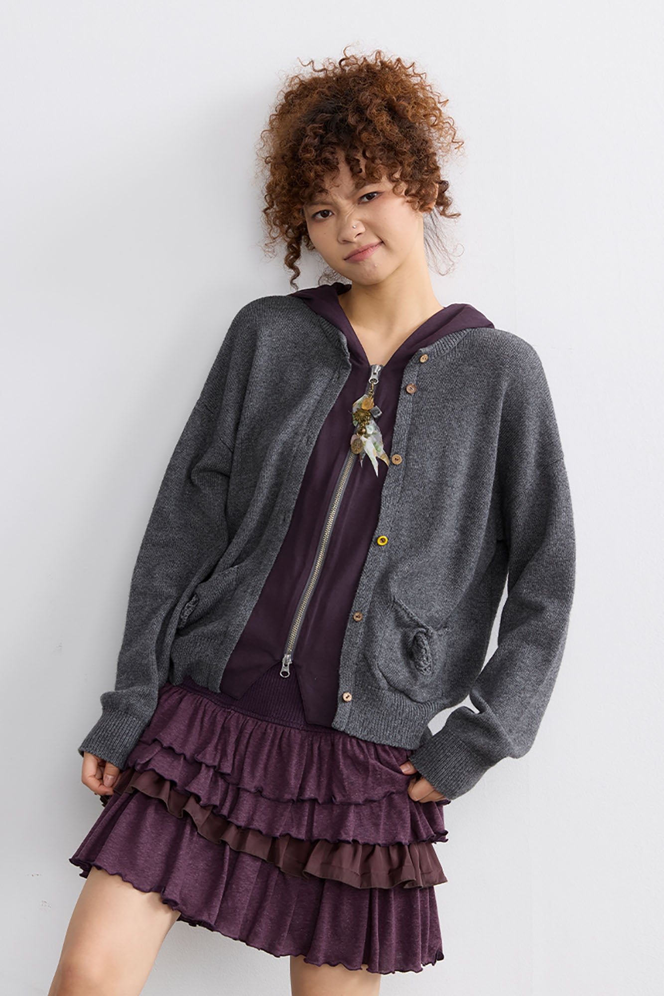 NOESE Faux Layered Hooded Cardigan