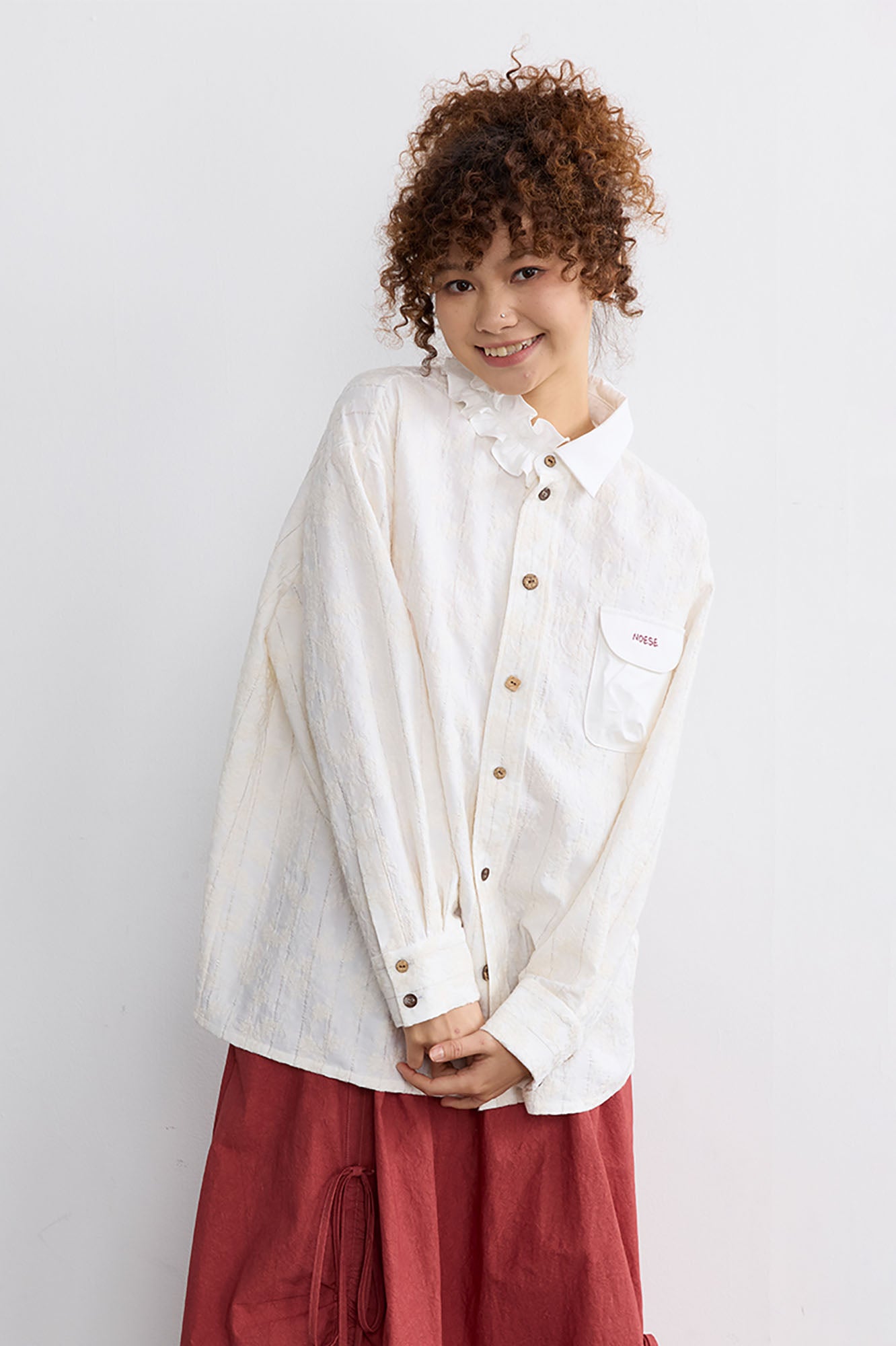 NOESE Asymmetrical Ruffle Collar Embroidered Shirt