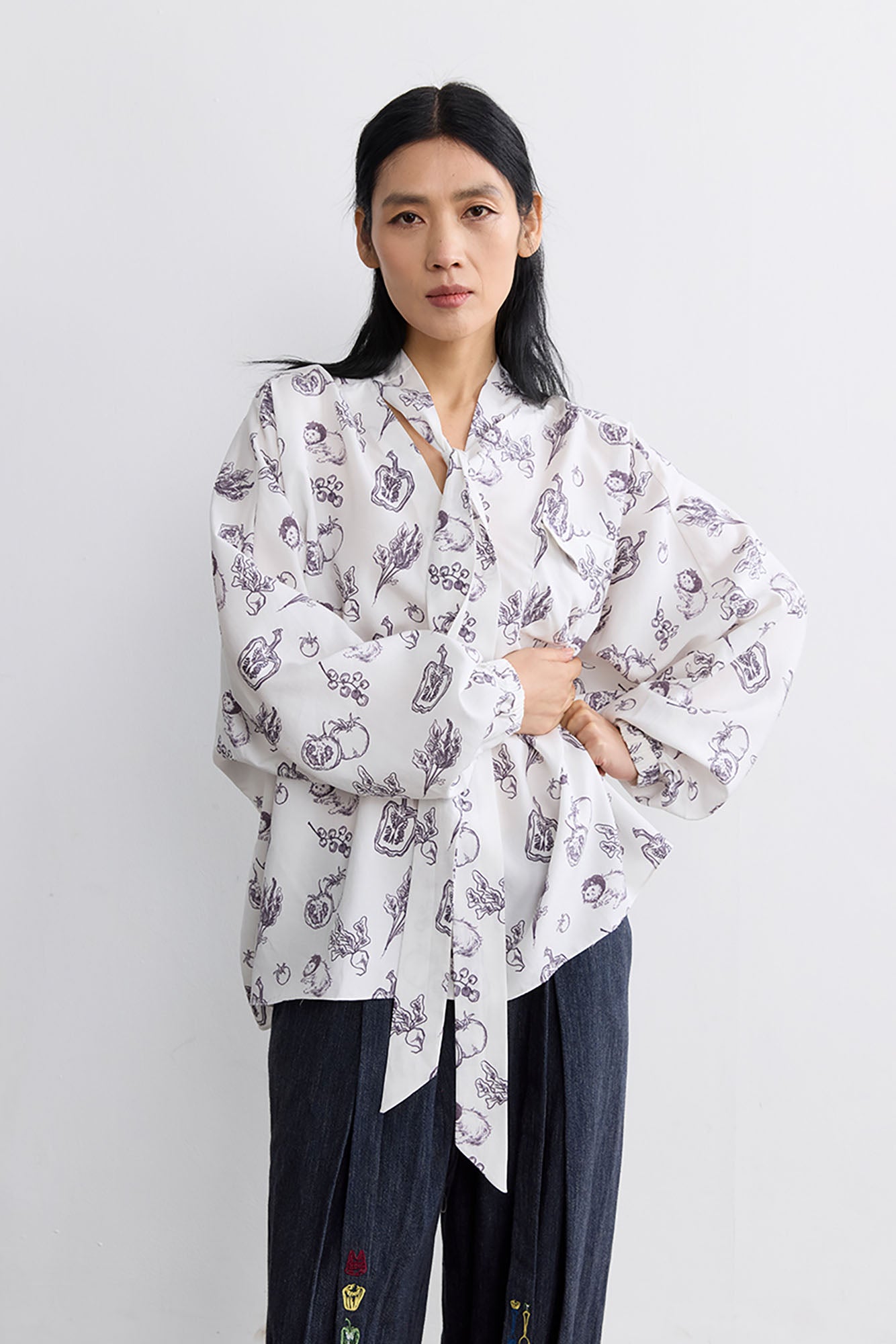 NOESE Botanical Full-Print Tie-Neck Blouse