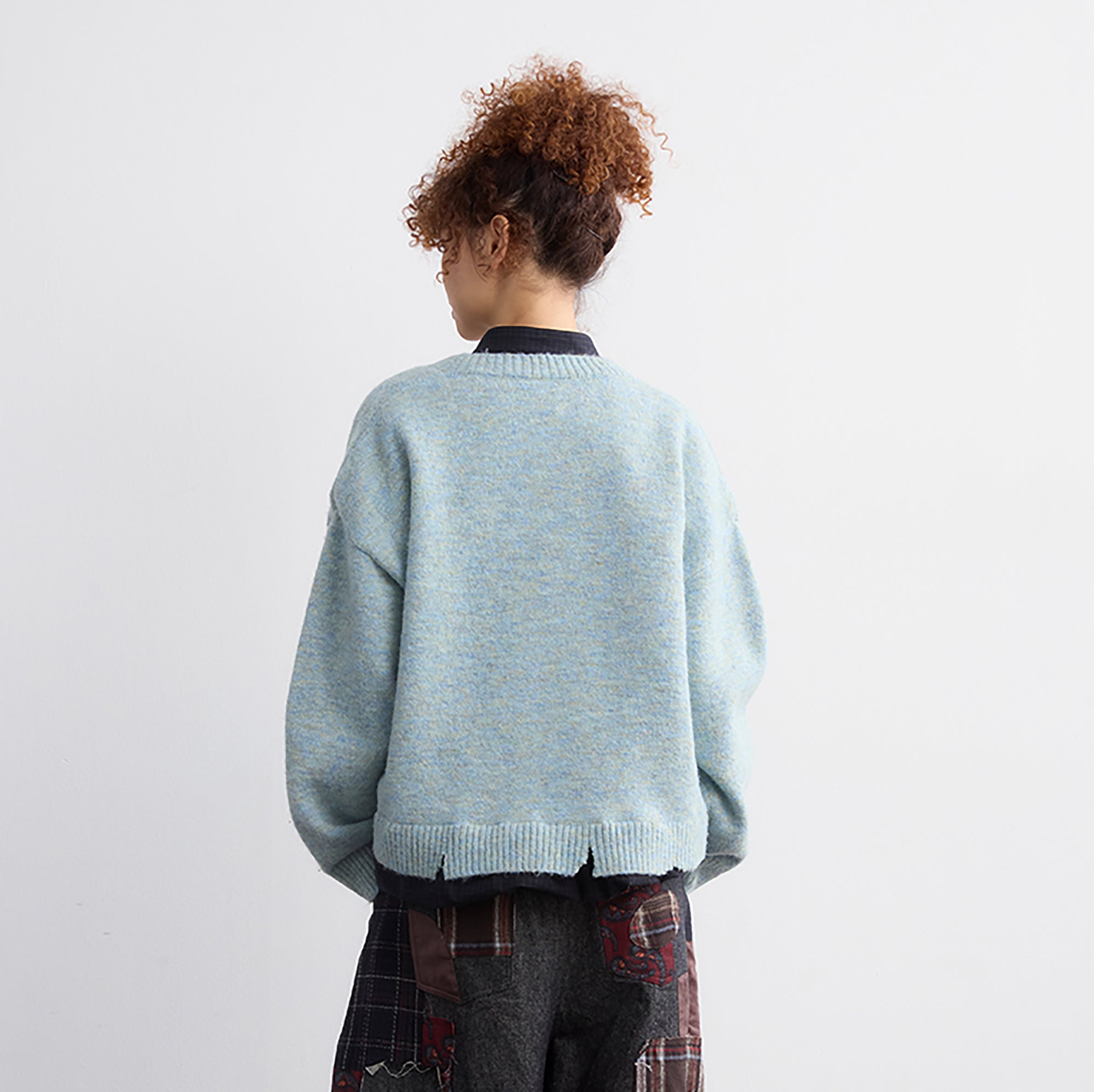 NOESE Faux Layer Checked Felt Patchwork Cardigan