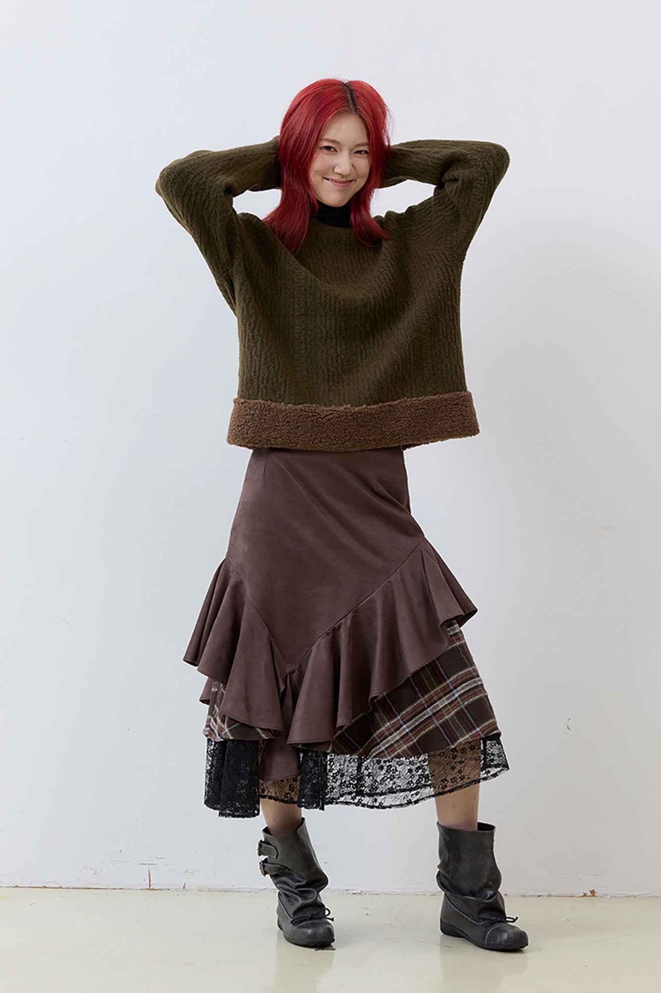 NOESE Asymmetrical Spliced Plaid-Lace Layered Ruffle Skirt