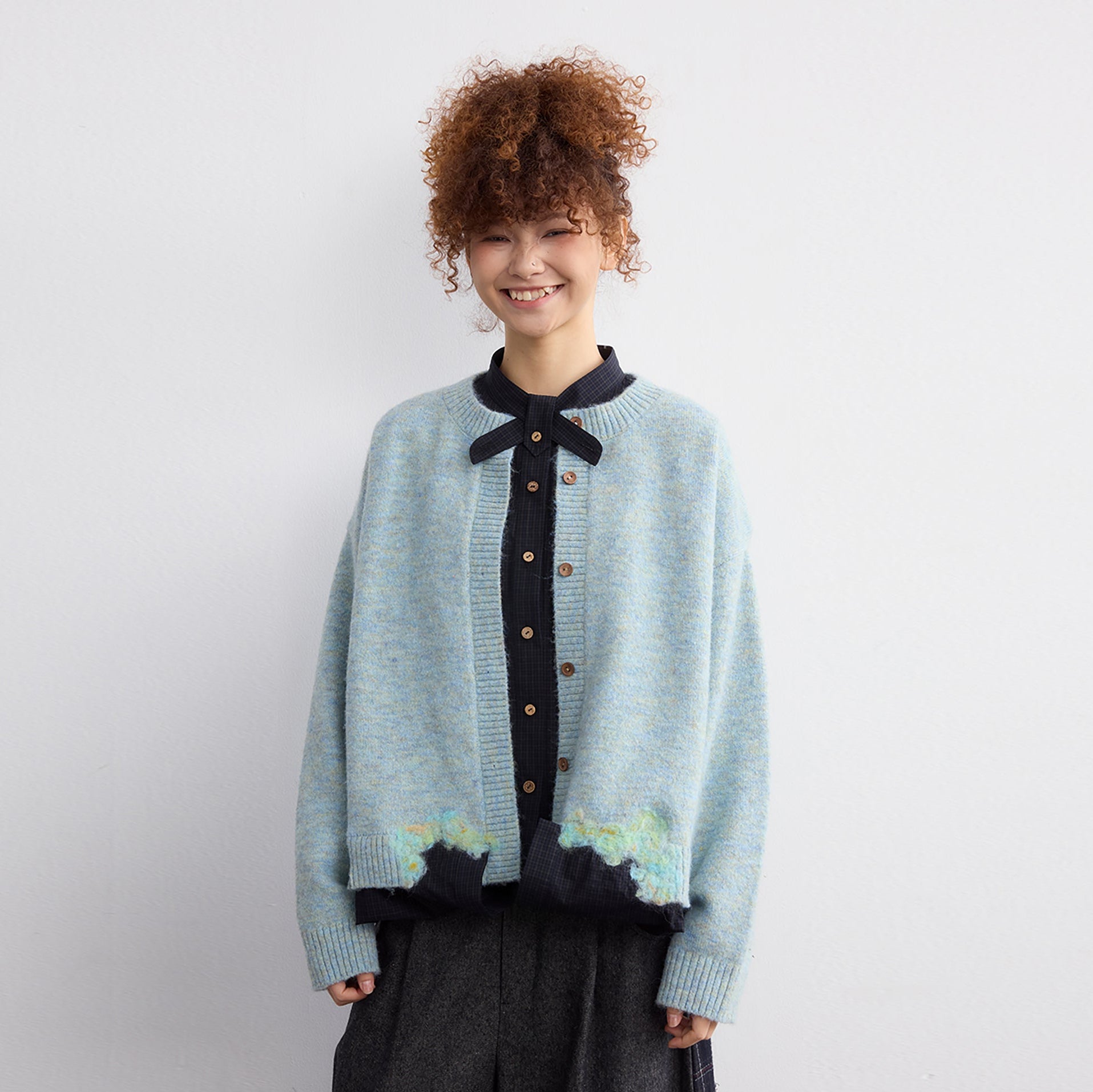 NOESE Faux Layer Checked Felt Patchwork Cardigan