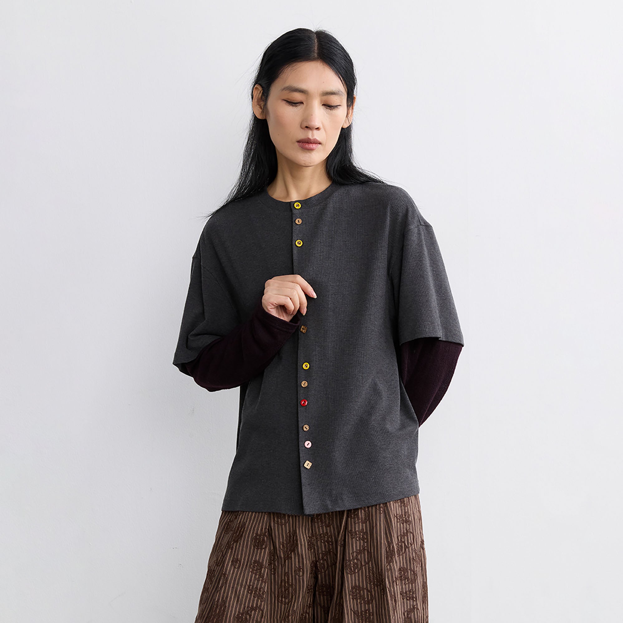 NOESE Layered Mixed-Button Long-Sleeve Tee