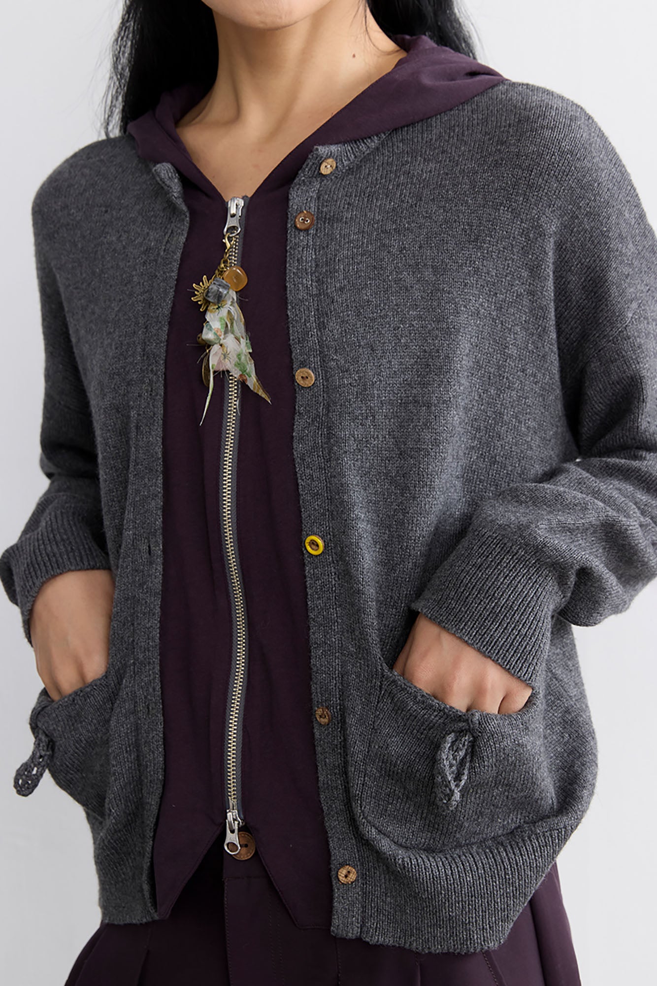 NOESE Faux Layered Hooded Cardigan
