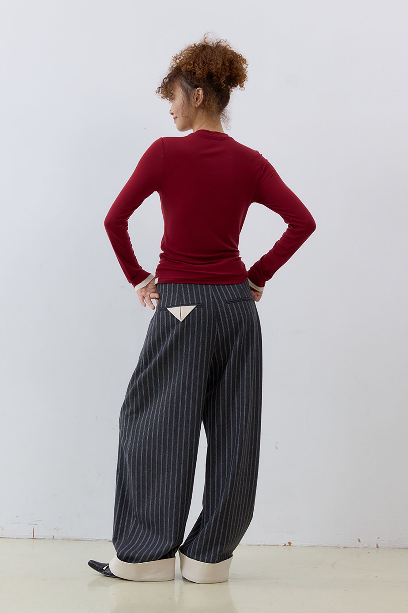 NOESE Foldover Waist Pinstripe Wool-Blend Wide-Leg Trousers