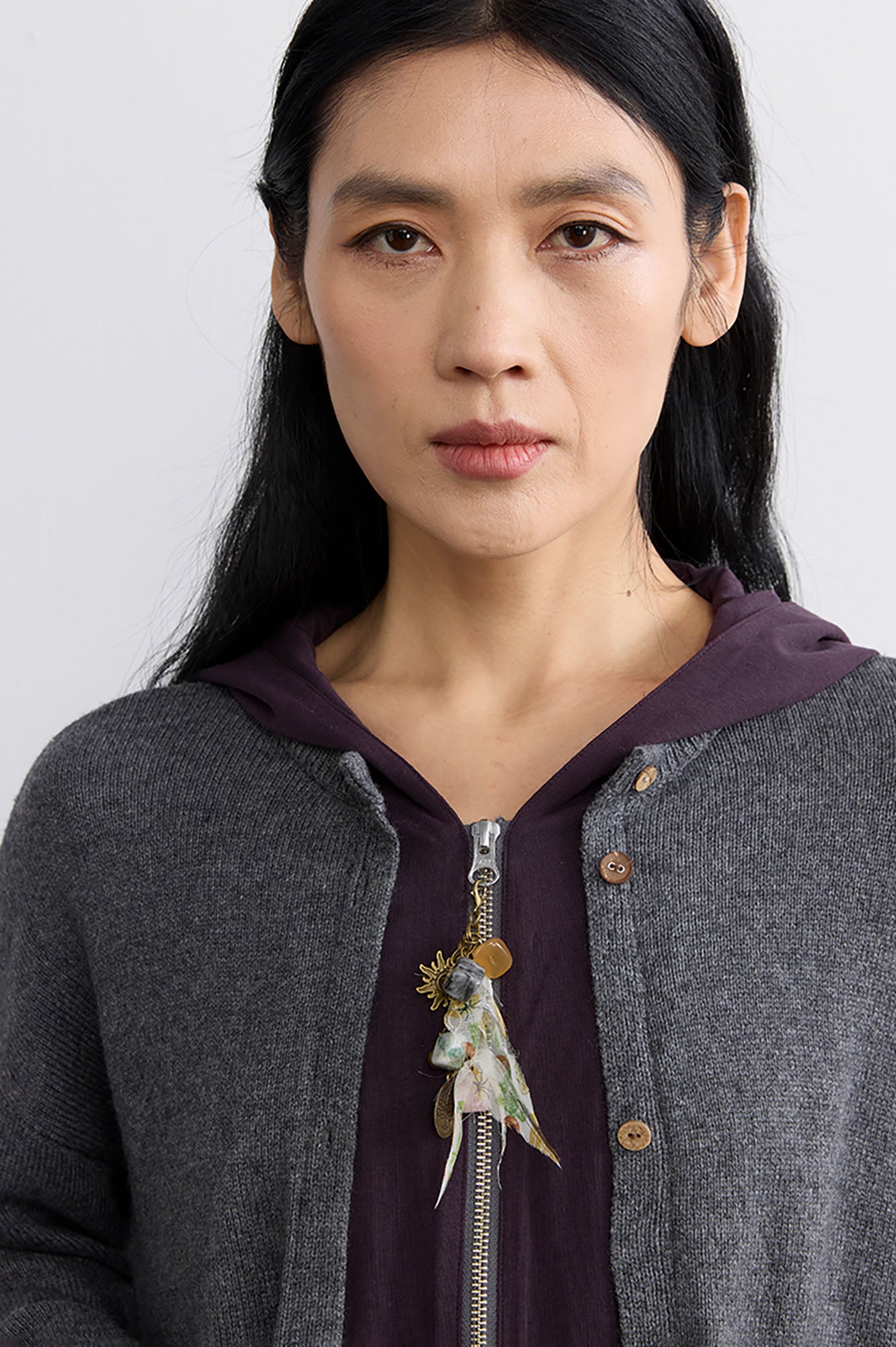 NOESE Faux Layered Hooded Cardigan