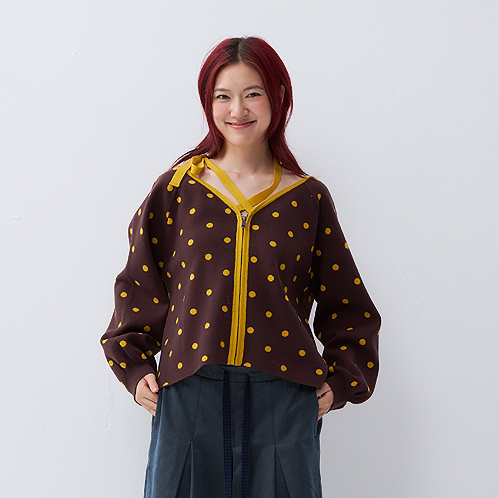 NOESE Contrast Dot Tie-Neck Zip-Up Cardigan