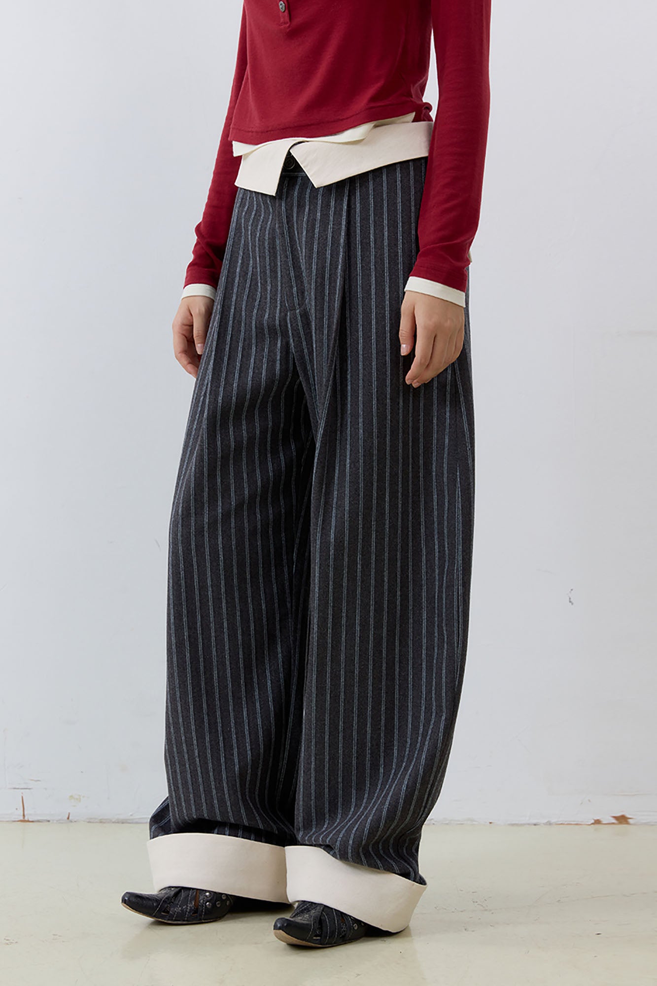 NOESE Foldover Waist Pinstripe Wool-Blend Wide-Leg Trousers