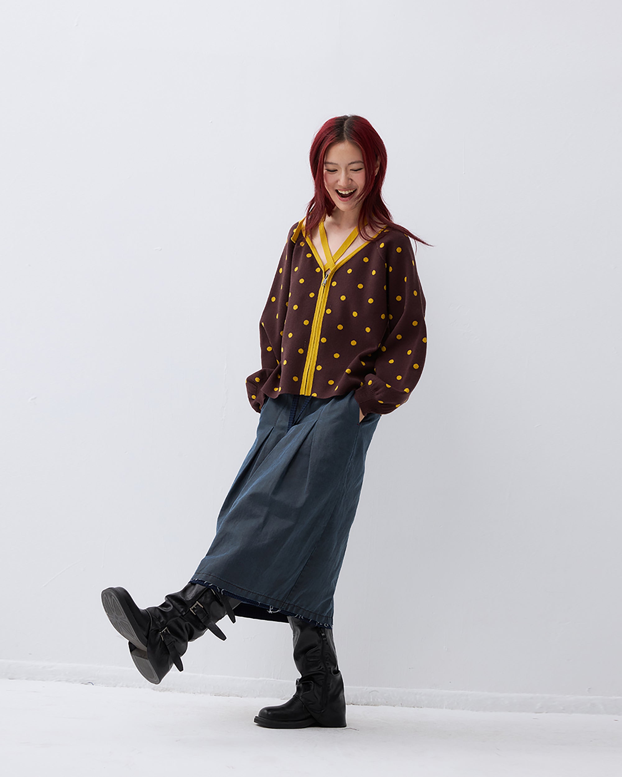 NOESE Contrast Dot Tie-Neck Zip-Up Cardigan