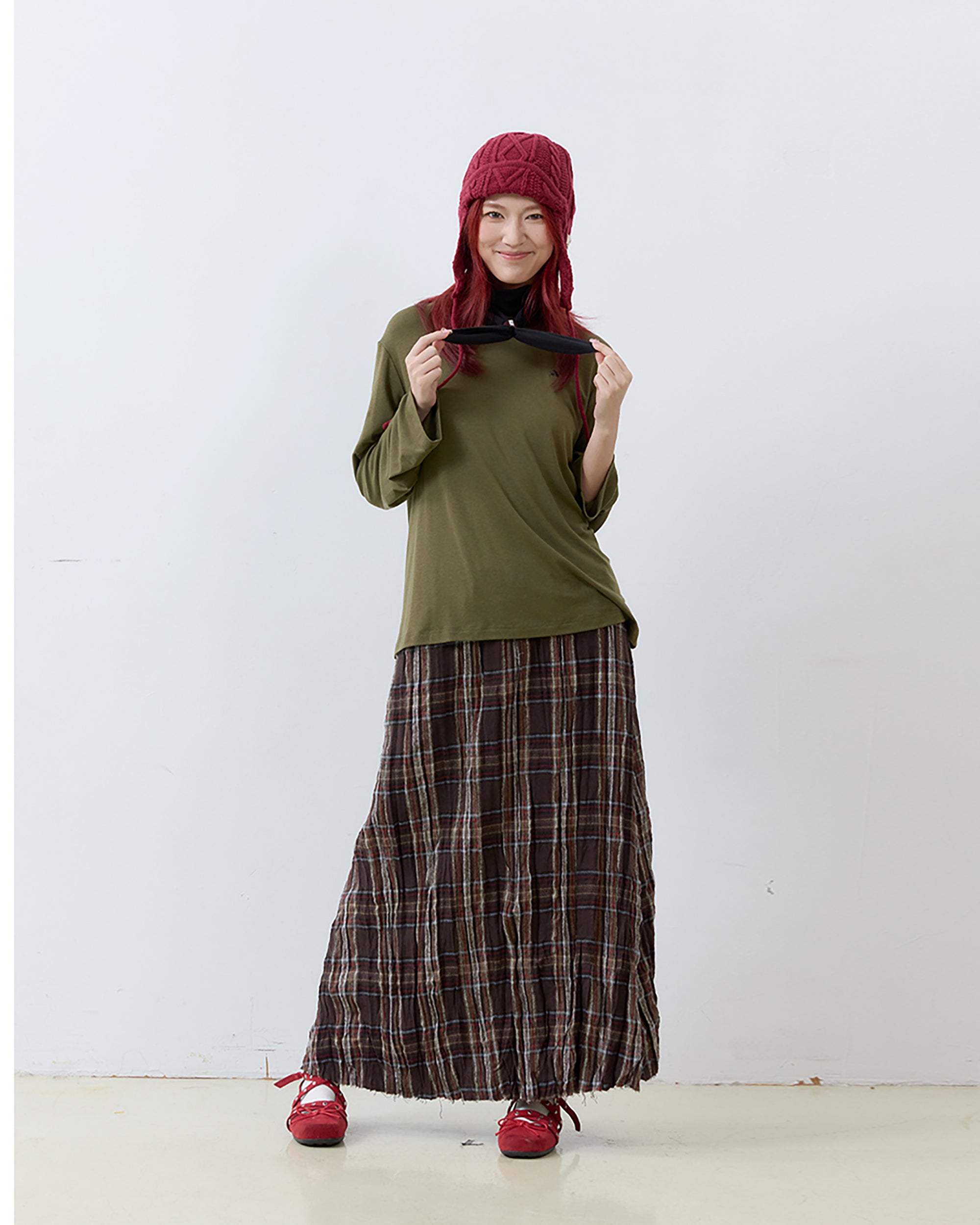 NOESE Crinkled Plaid Woo-Blend Maxi Skirt